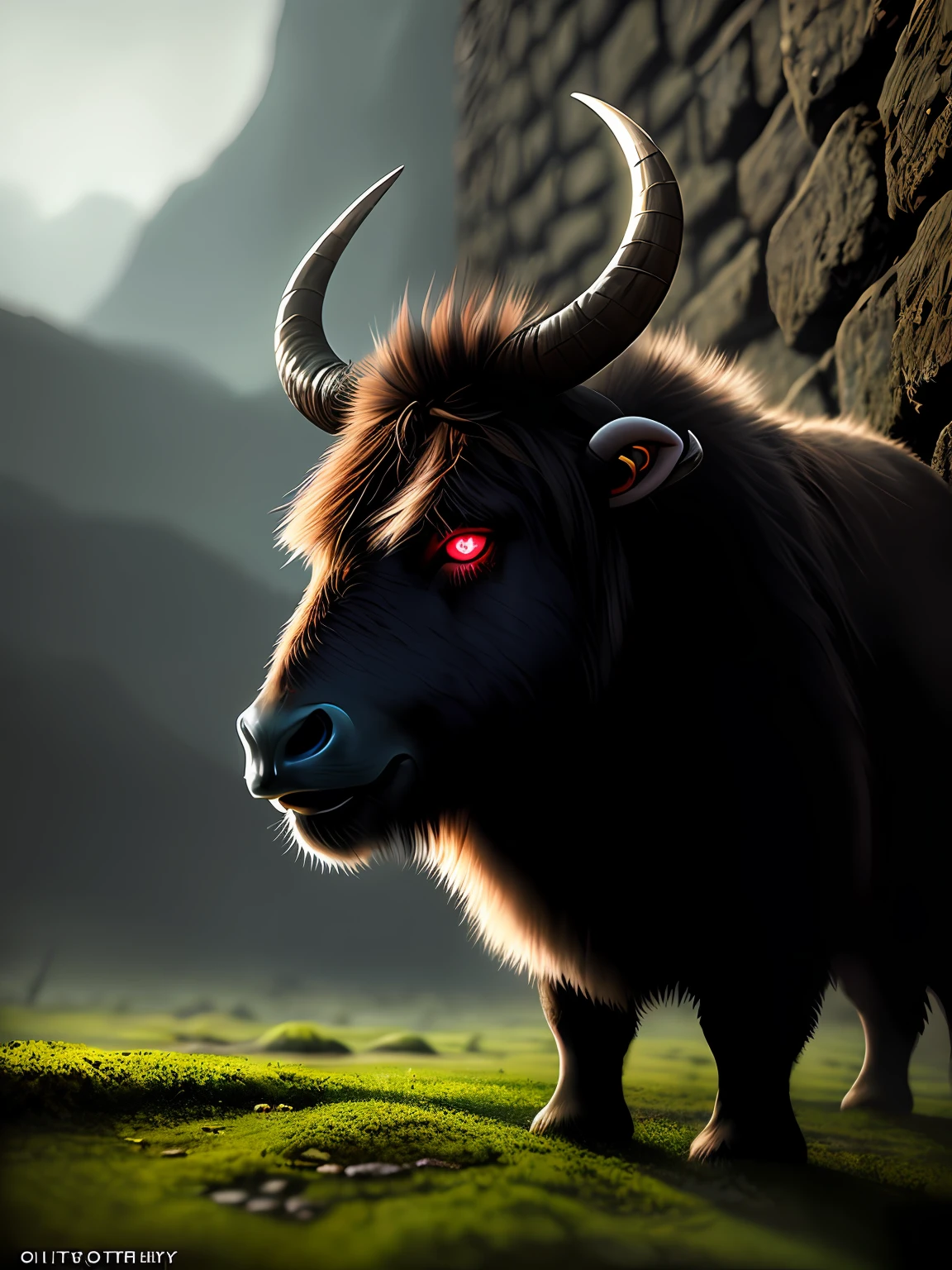 ((A huge yak)), greek myth, Monster, musculature, The sky and the earth are dark，salama，（Stomping on all fours）(The stone walls are covered with moss), Madness, ,Blood red eyes，
insanely details, Intricate details, ultra - detailed,
((Comic book style)), mistic, elegant, ((Domineering look)), dangers, (Fear and terror), Mordor, Creepy, Darkest horror background,
(Skin texture), intricately details, Fine details, ultra - detailed, Ray traching, Subsurface scattering, diffused soft lighting, Shallow depth of field, By (Oliver Wetter)
trending on artstationh, trending on CGSociety, Intricate, High detail, Sharp focus, Dramatic, photorealistic painting art by midjourney and greg rutkowski, Bokeh on the background，(Wide angle 1：3),