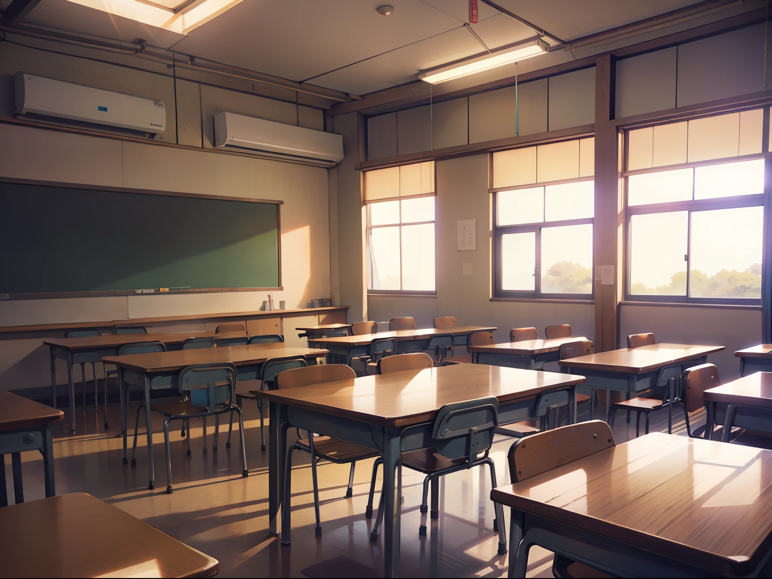 Japanese general high school and junior high school classrooms with thirty students. Facing the blackboard, Mitsuru Adachi manga style