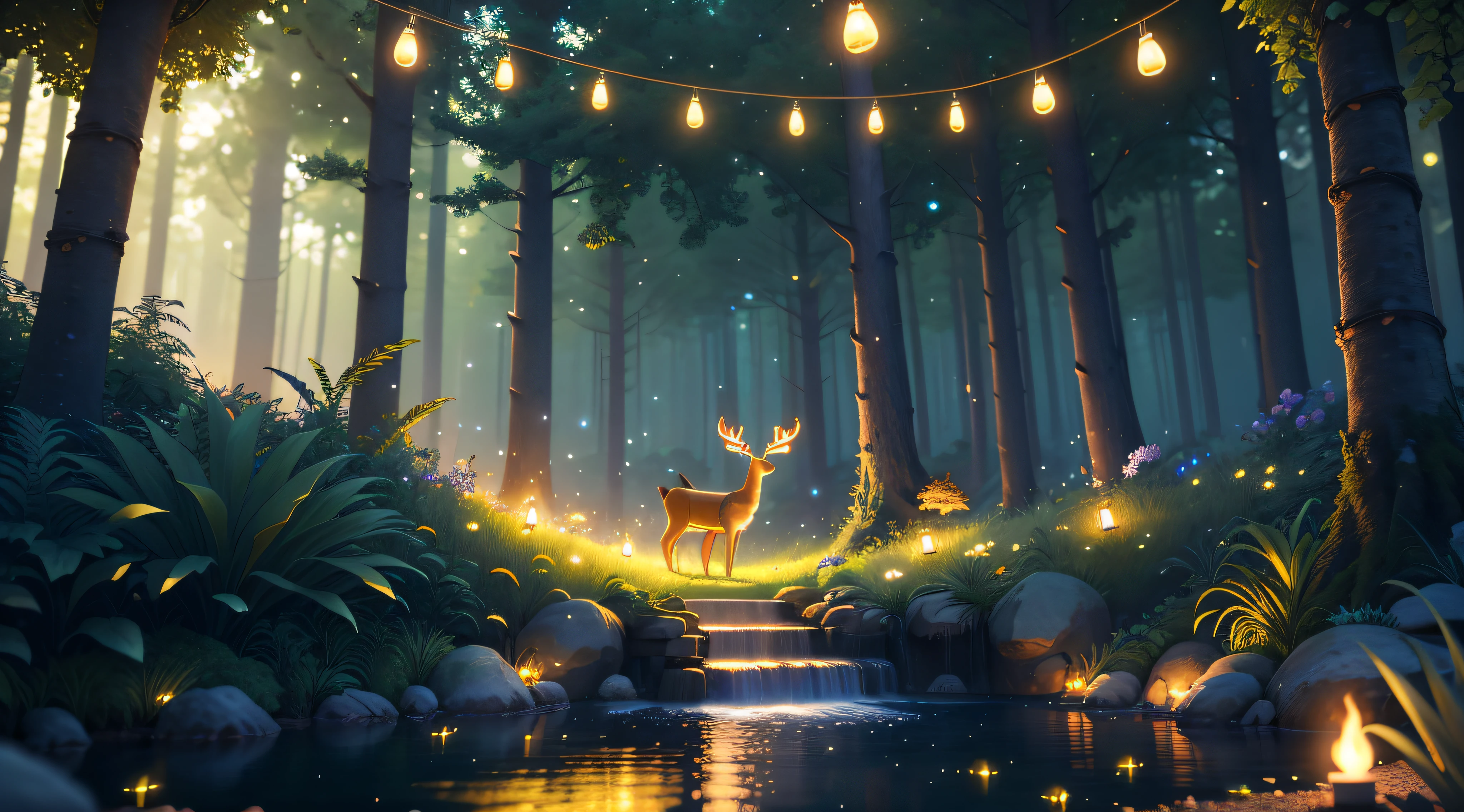 Masterpiece, best quality, (very detailed CG unity 8k wallpaper), (best quality), (best illustration), (best shadows), glow sprite, with a glowing deer, in the swimming pool Drinking water, natural elements in the forest theme. Mysterious forest, beautiful forest, nature, surrounded by flowers, delicate leaves and branches surrounded by fireflies (natural elements), (jungle theme), (leaves), (twigs), (fireflies), (particle effects) etc. 3D , Octane rendering, ray tracing, super detailed