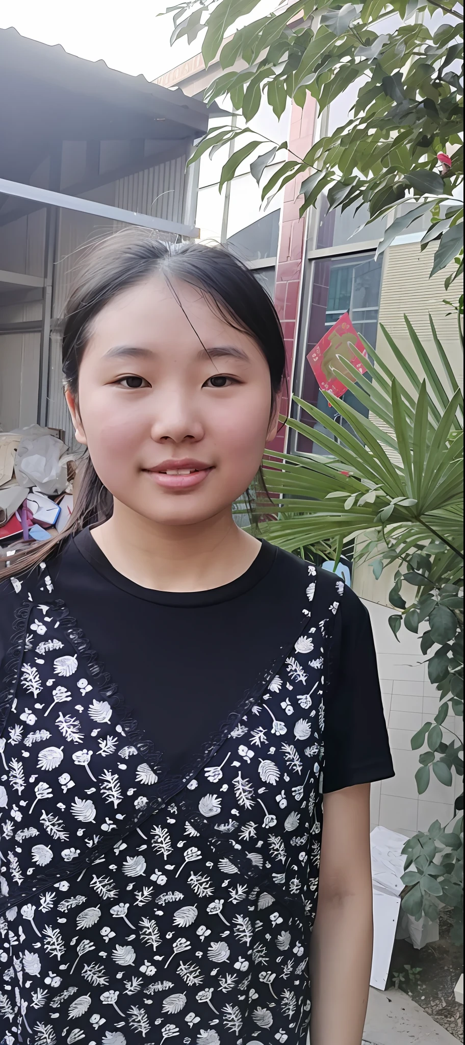 there is a woman that is standing in front of a building,Holding a banana in his hand。, xintong chen, Zhang Pengzhen, wenfei ye, she is about 1 6 years old, Wang Qichao, xision wu, zhelong xu, xue han, Li Zixin, zeng fanzh, huifeng huang, mingchen shen