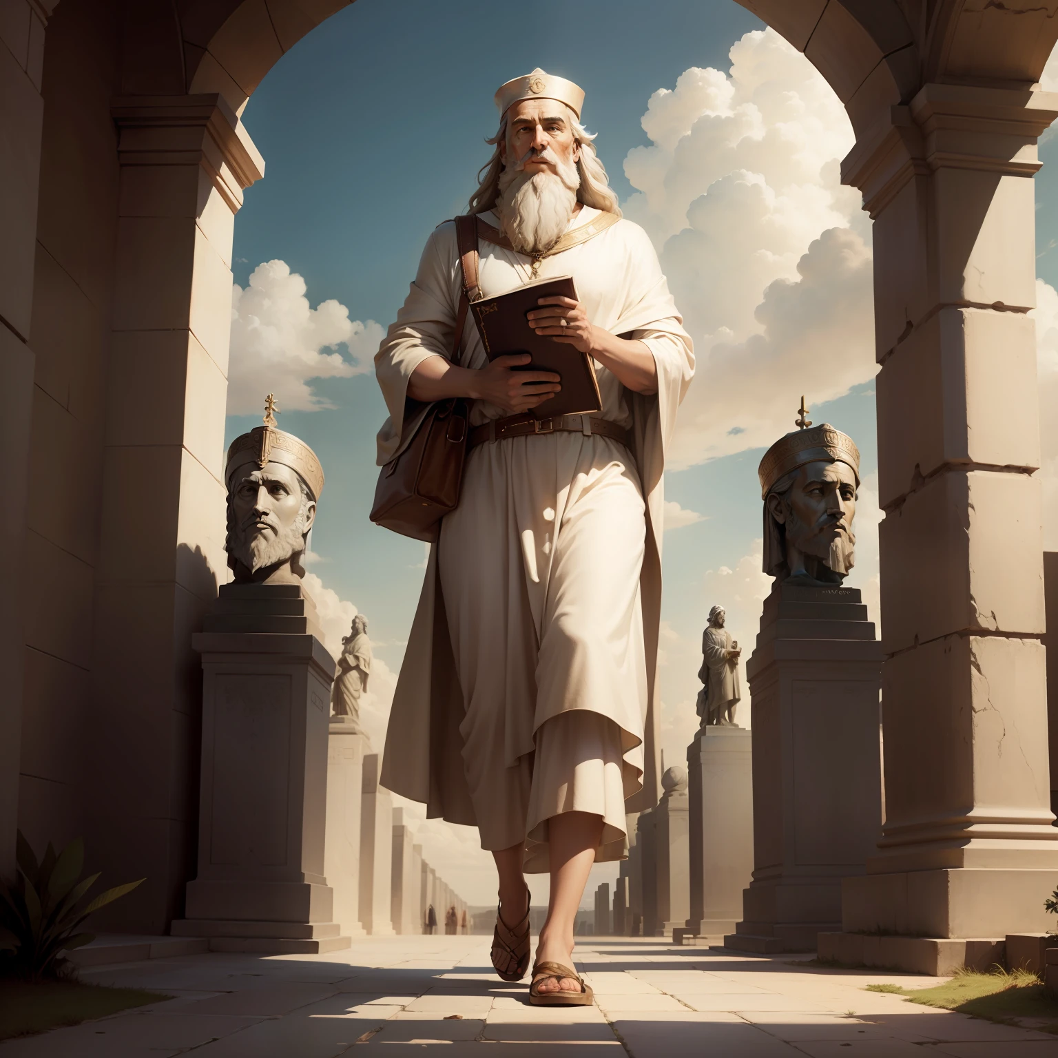 Moses holding the 10 commandments, rochas, beautiful sky,