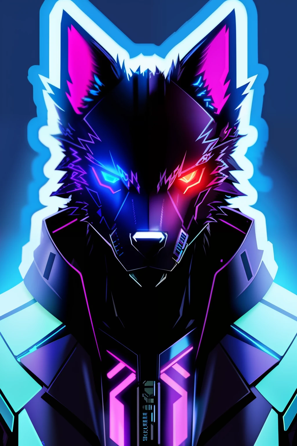 Sticker, Cyberpunk wolf, anthro wolf in Cyberpunk clothing, bisexual lighting