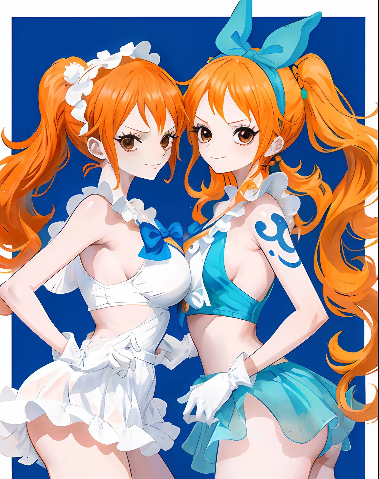 Create One Piece female character Nami、Hair in two ponytails, Being at Disneyland、Wearing white gloves、Hair color is orange、Good Style、full bodyesbian、innocent smiles、Wearing Minnie's headband