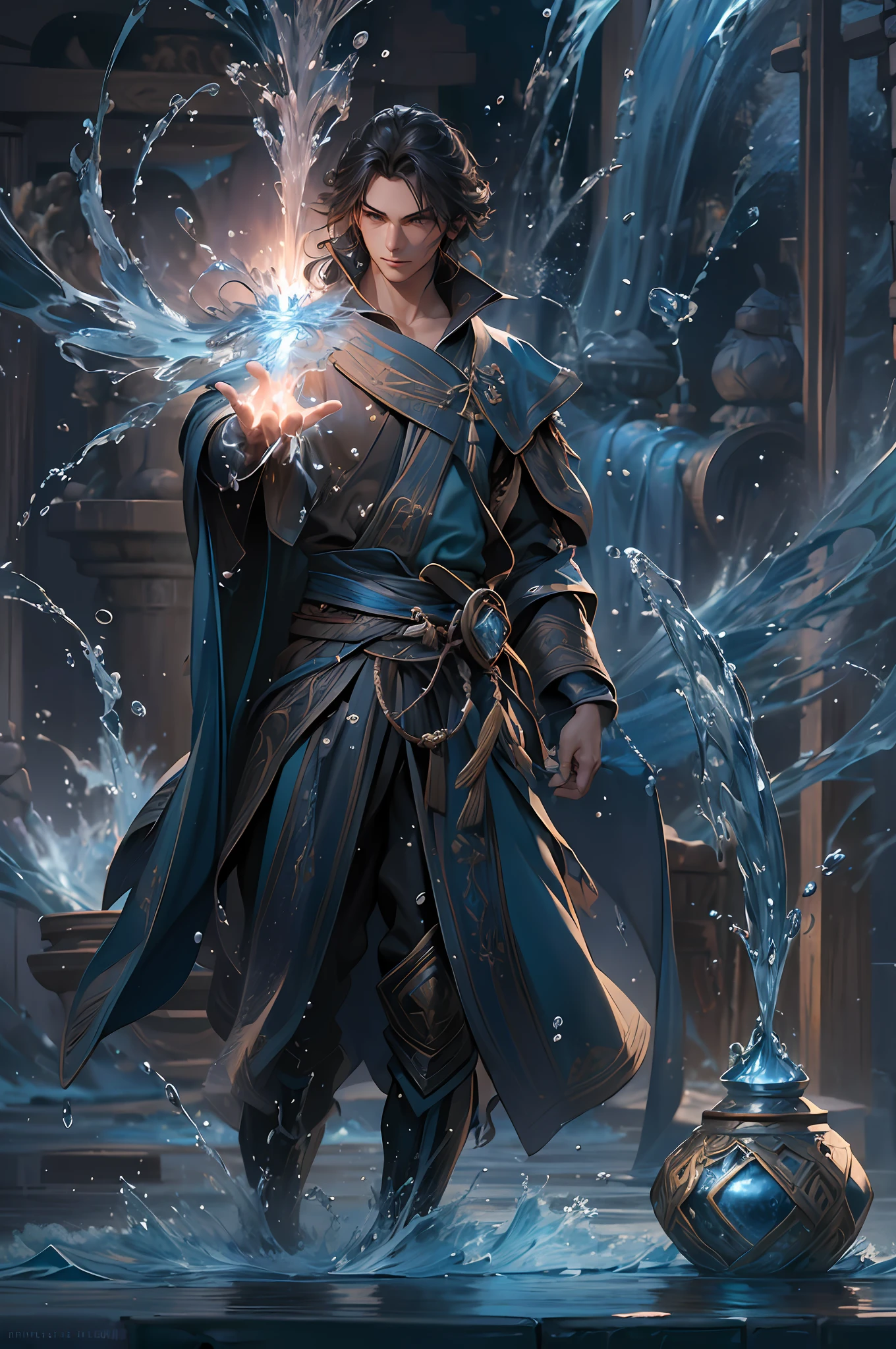 A ((male)) wizard (controls) water, water ((magic)), casting spell, water jets, dynamic pose, award-winning photography, complex, detailed, stunning, hair texture, wet hair (wet hair), hanging), model style ( highly detailed CG wallpaper Unity 8k), handsome, smooth skin