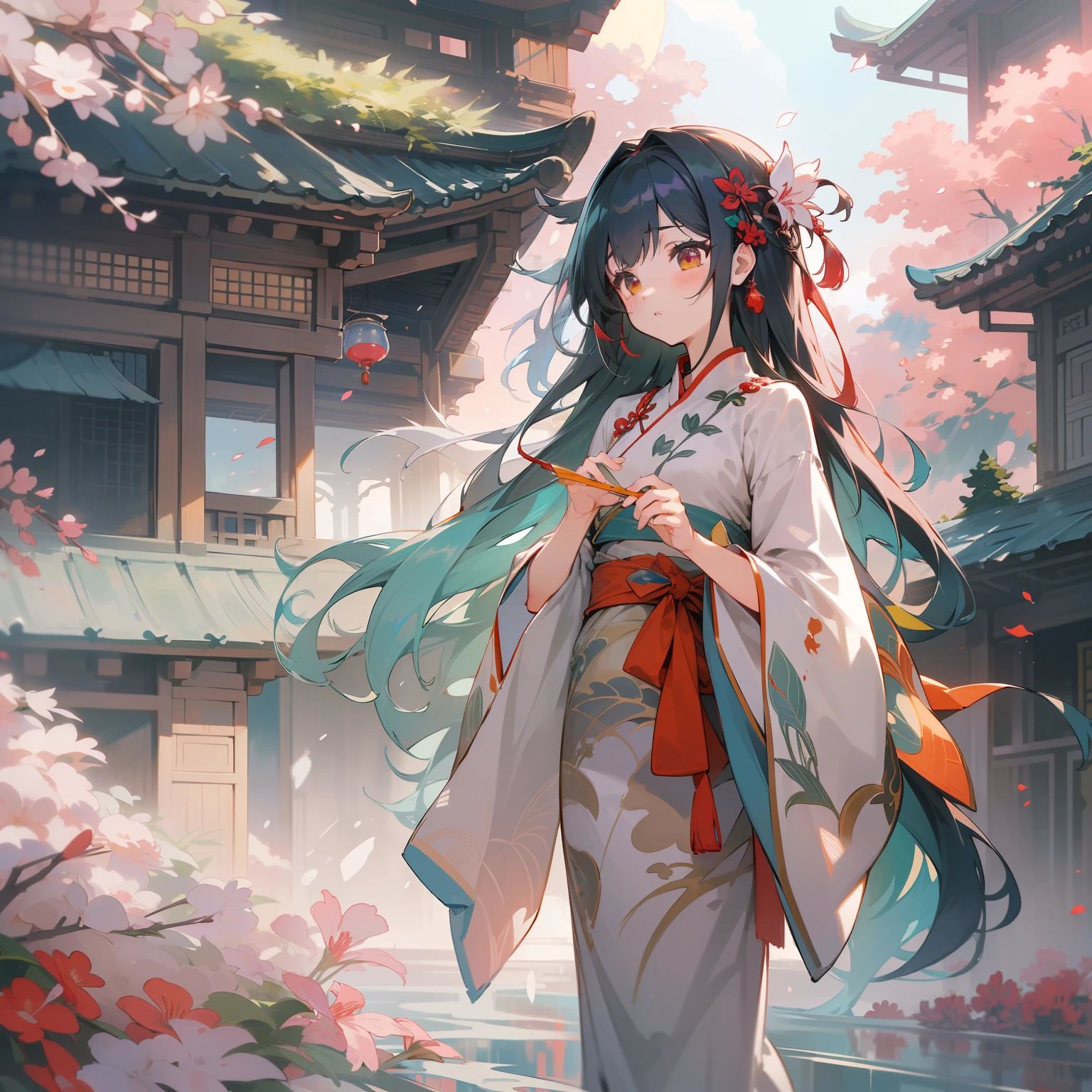 (8K、Raw photography:1.2)、top-quality、超A high resolution、Dramatic angles、(Fine-colored splashes flutter)、(illustratio)、(((1人)))、(long)、(Air bubble:0.9)、 (hair adornments:1.4)、There is an ancient palace next to the girl、chinese clothes、(Focus)、Color Ink Painting、(Color splash)、Colorful splashes、(((colourfull)))、(Sketched:0.8) 、​masterpiece、best qualtiy、Beautifully painted、A highly detailed、(denoise: 0.6)、[Splash ink]、((Ink refraction))、(Beautiful detailed sky)、a moon、A highly detailed、(​masterpiece、best qualtiy、A highly detailed) CG Unity 8k wallpapers、​masterpiece、top-quality、ultra-detailliert)、(Lycoris radiata)、、
