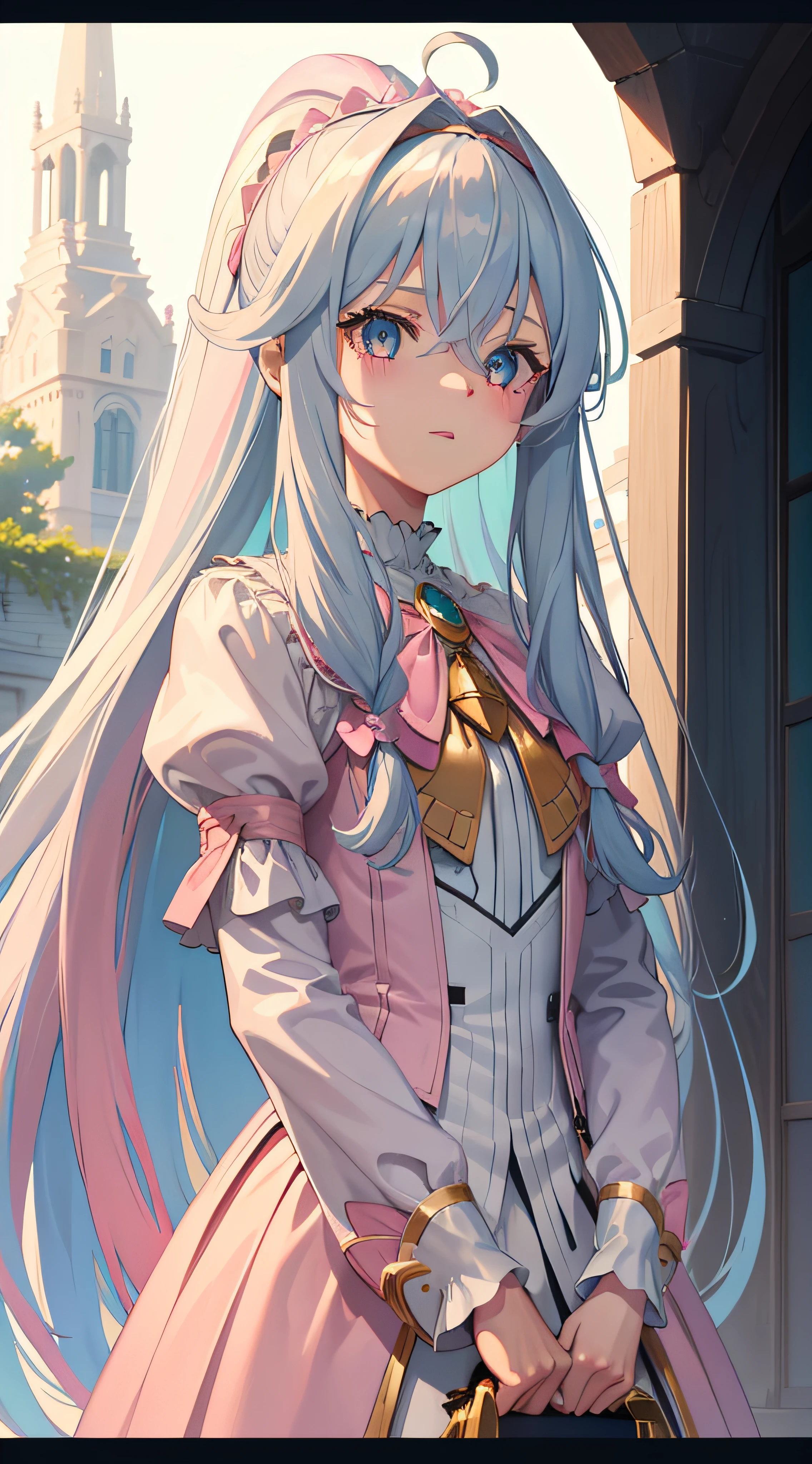 very long hair, parted bangs, hair between eyes, crossed bangs, pink hair, asymmetrical bangs, dreadlocks, crystal hair, hair strand, high ponytail, hair bell, pleatedskirt, Girls' high school attire, lolita hairband, aqua eyes, gradient eyes, orange eyes, bright pupils, parted lips, anime style, ray tracing, depth of field, from below, Look from inside to outside, On wide balcony, masterpiece, ccurate, high details, best quality, 16k