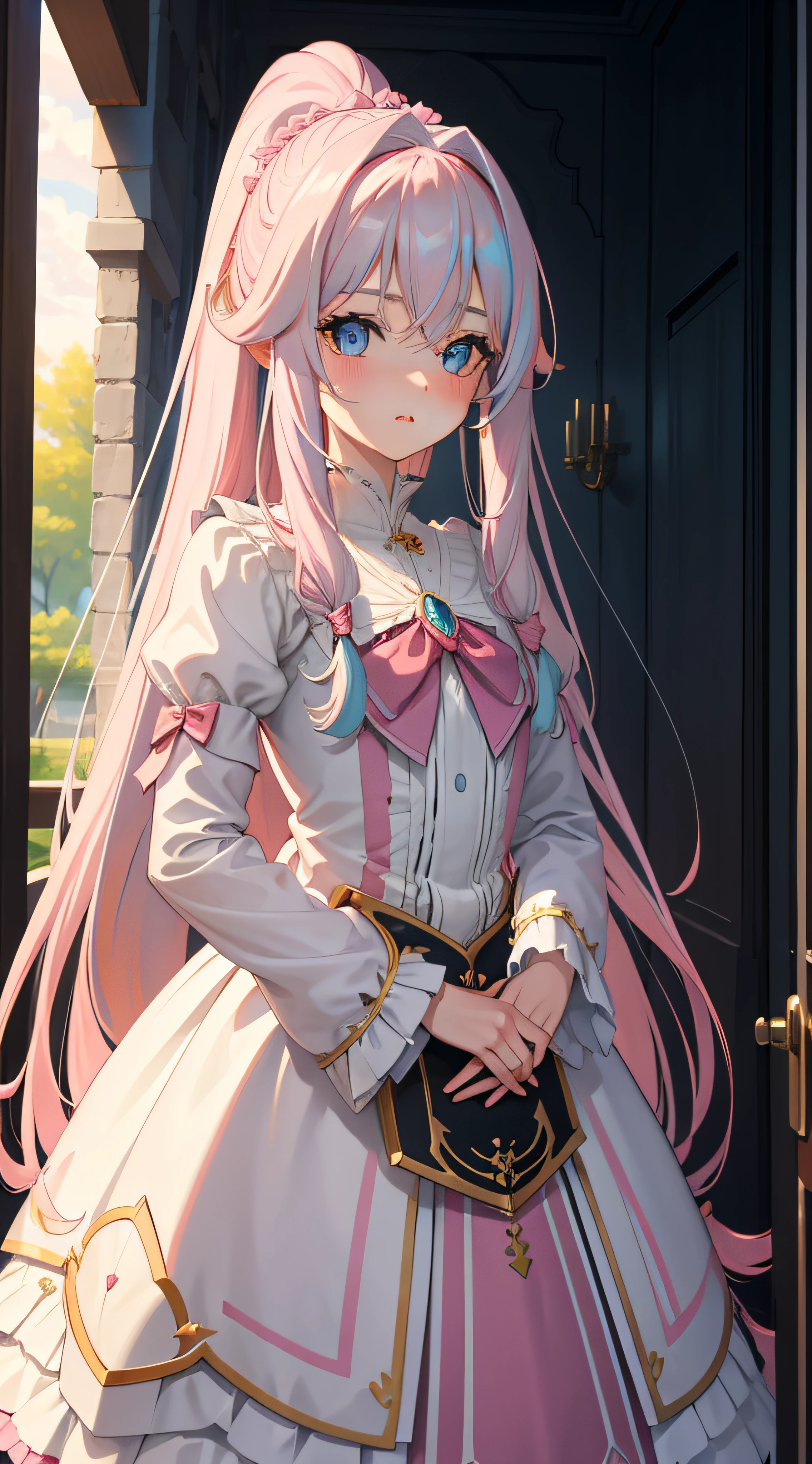 very long hair, parted bangs, hair between eyes, crossed bangs, pink hair, asymmetrical bangs, dreadlocks, crystal hair, hair strand, high ponytail, hair bell, pleatedskirt, Girls' high school attire, lolita hairband, aqua eyes, gradient eyes, orange eyes, bright pupils, parted lips, anime style, ray tracing, depth of field, from below, Look from inside to outside, On wide balcony, masterpiece, ccurate, high details, best quality, 16k