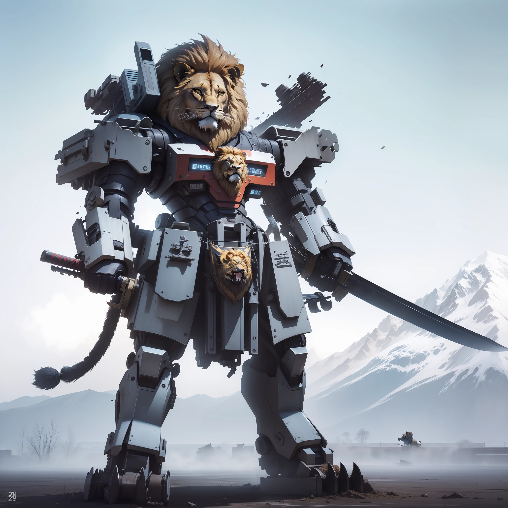 Fierce lion holding katana machine body