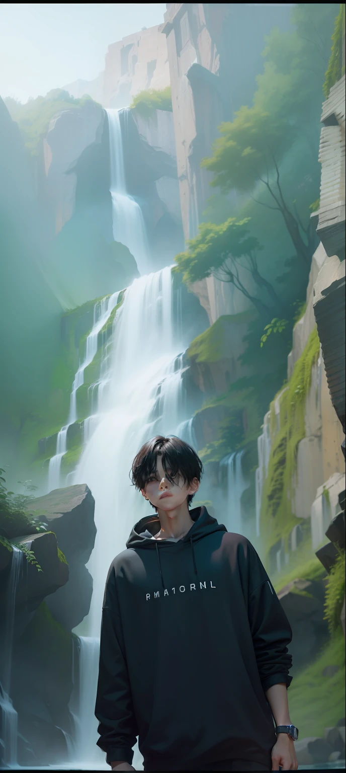 masterpiece, best quality, (dark photo:1.3), photorealistic,waterfall, 1 age boy, short hair with short bangs, stunning innocent face, black t-shirt, emotional, ulzzang, (PureErosFace_V1:0.7)
INFO