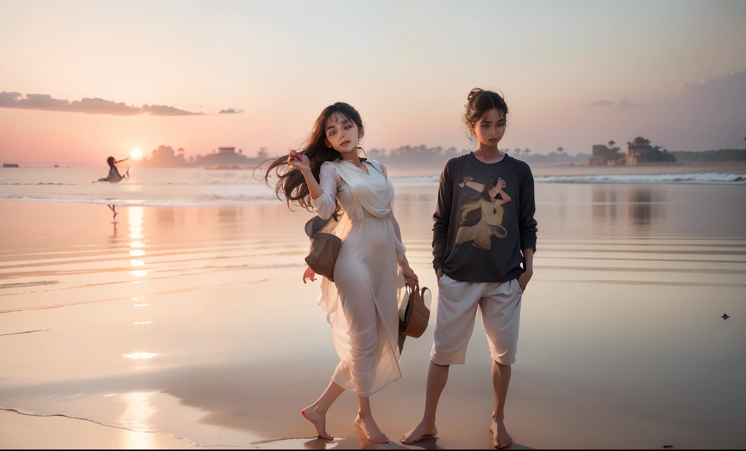 (A girl elegantly tossing her hair:1.5, girl wearing kurti ), a girl and boy standing on the tranquil water, lifelike facial features, scenic beach backdrop, indian ."