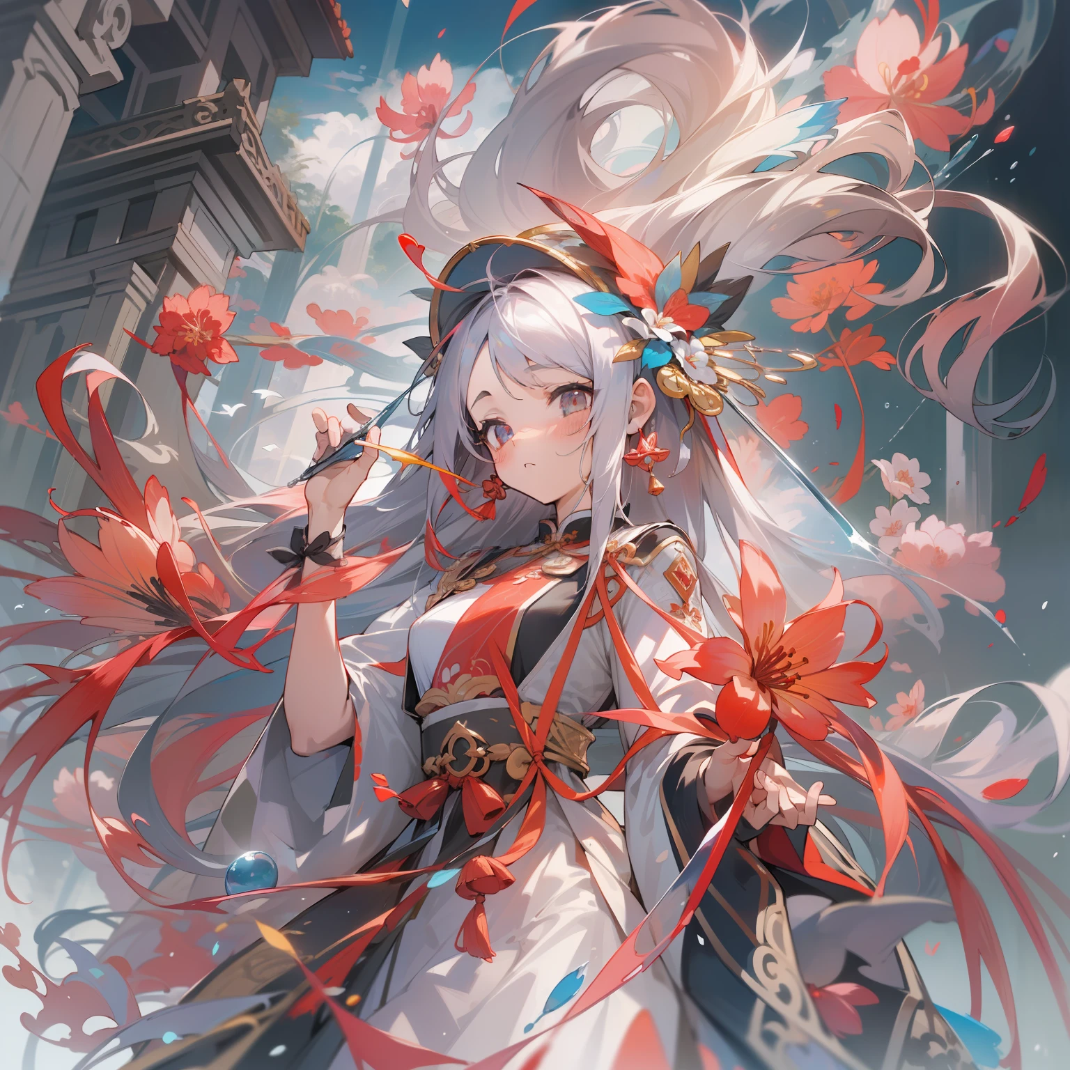 (8K、Raw photography:1.2)、top-quality、超A high resolution、Dramatic angles、(Fine-colored splashes flutter)、(illustratio)、(((1人)))、(long)、(Air bubble:0.9)、 (hair adornments:1.4)、There is an ancient palace next to the girl、chinese clothes、(Focus)、Color Ink Painting、(Color splash)、Colorful splashes、(((colourfull)))、(Sketched:0.8) 、​masterpiece、best qualtiy、Beautifully painted、A highly detailed、(denoise: 0.6)、[Splash ink]、((Ink refraction))、(Beautiful detailed sky)、a moon、A highly detailed、(​masterpiece、best qualtiy、A highly detailed) CG Unity 8k wallpapers、​masterpiece、top-quality、ultra-detailliert)、(Lycoris radiata)、、