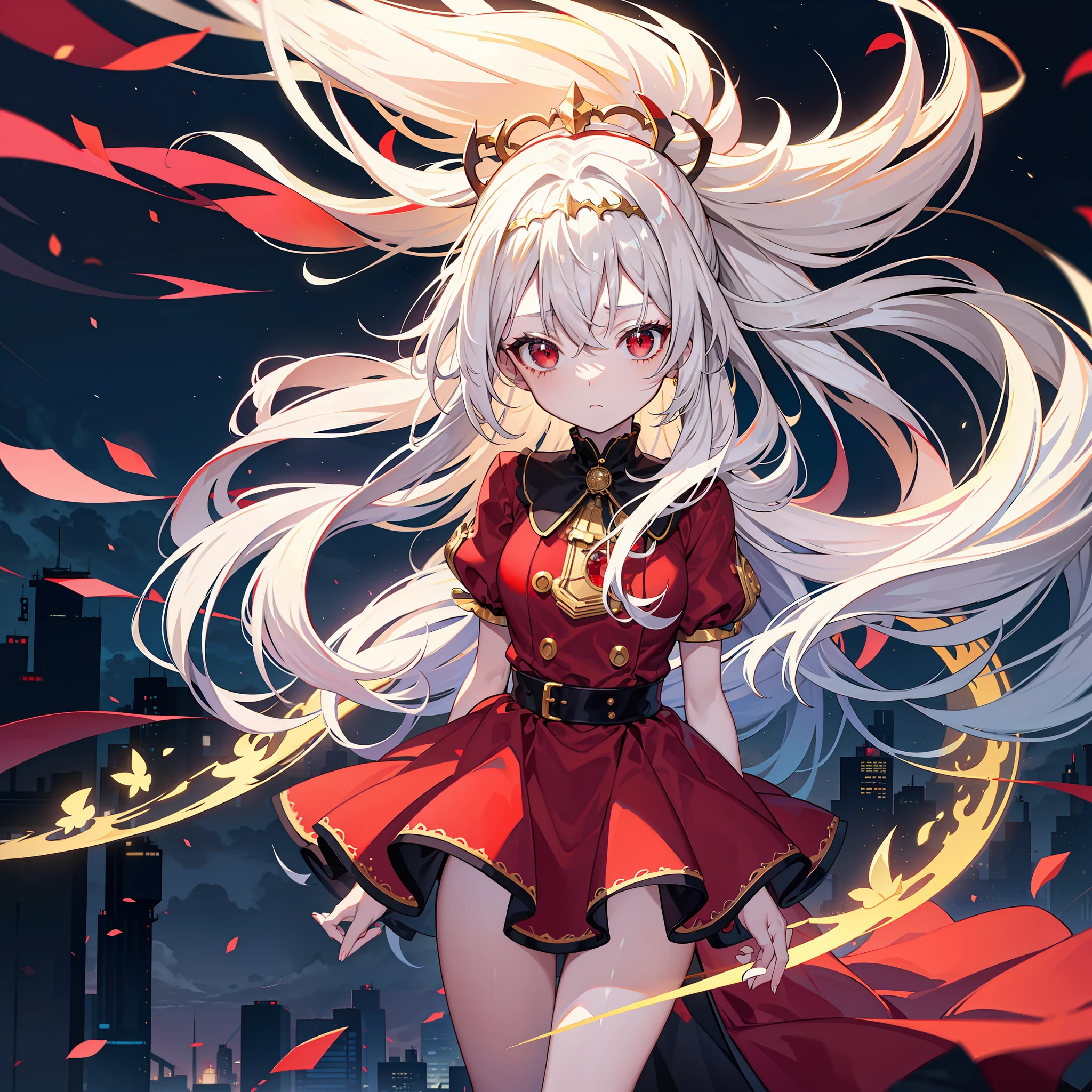 night, full_moon, in the cyberpunk city, night, cityscape, 1girl, little girl, loli, kawaii, adorable girl, bishoujo, very long hair, silver hair, blonde hair, two-tone hair, streaked hair, alternate hair color, hair down, longeyelashes, beautiful detailed eyes, eyeball, sad, red eyes, red and golden dress, lolita, golden tiara,
