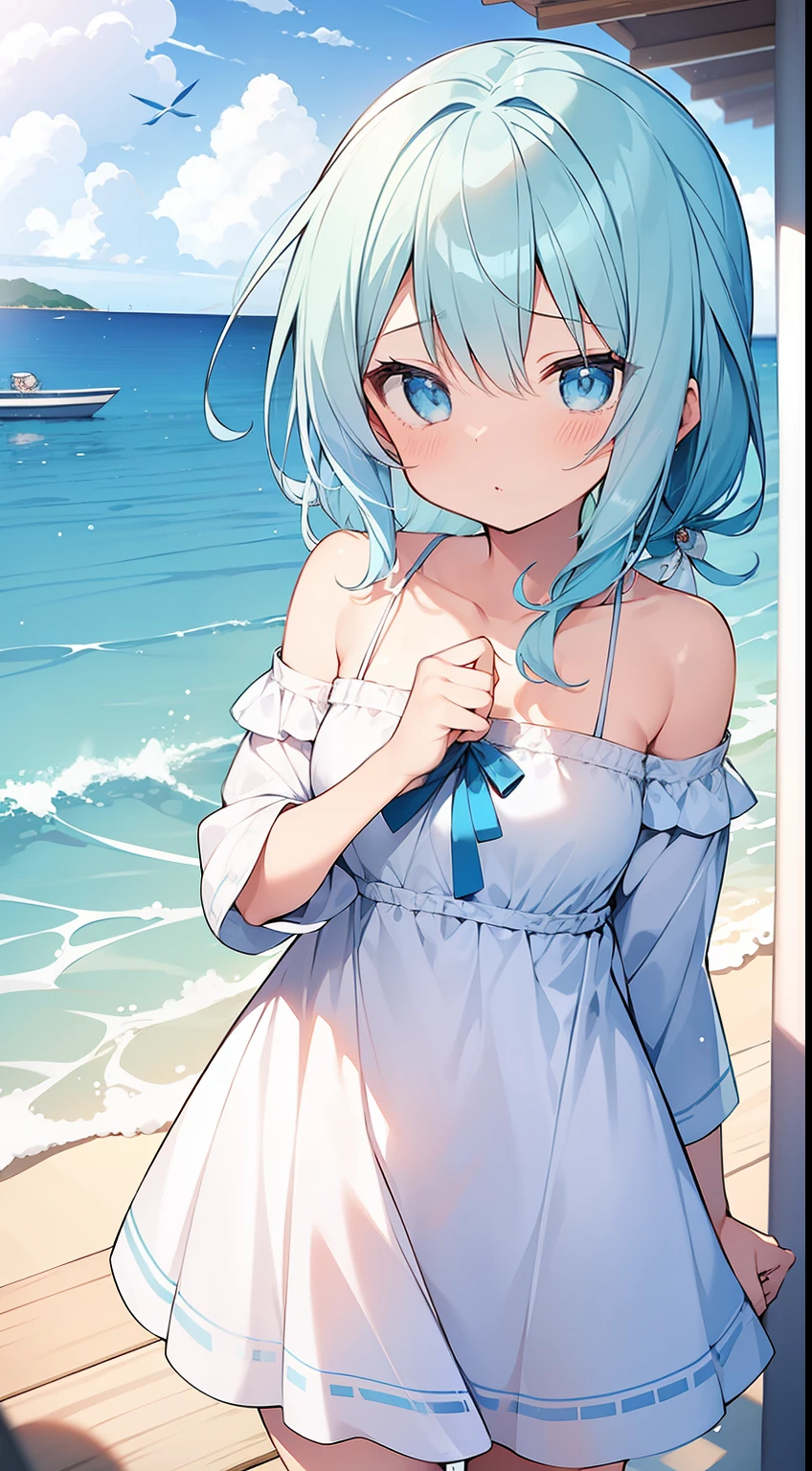 One girl、lightblue hair、light blue  eyes、Onepiece、cute little、​masterpiece、masutepiece、Top image quality、top-quality、sea side、夏天、summer  dress、ren、Fluttering hair