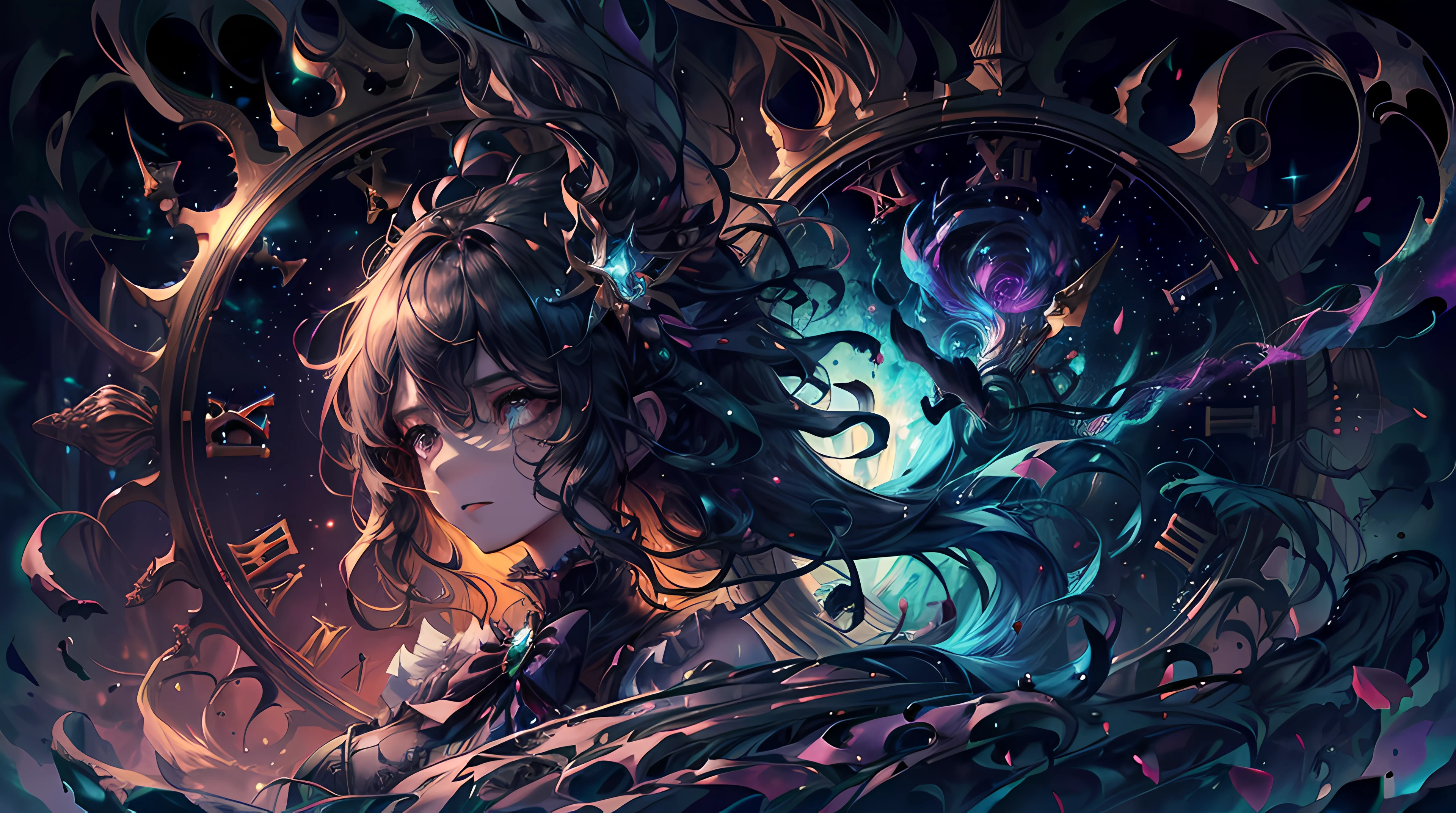 illustration, floating hair, chromatic aberration, caustics, lens flare, 1girl, solo, cute face, hidden hands, asymmetrical bangs, beautiful detailed eyes, eye-shadow, huge clocks, glass strips, floating glass fragments, colorful refraction, beautiful detailed sky, dark intense shadows, cinematic lighting, overexposure, big top sleeves, frills, hair ornament, ribbon, bowtie, buttons, big breasts, pleated skirt, sharp focus, masterpiece, best quality, extremely detailed, colorful, hdr, ((full body)), brutalist designed,fantasy00d,(dynamic angle: 1.2), relic, esoteric, mysterious, view from above