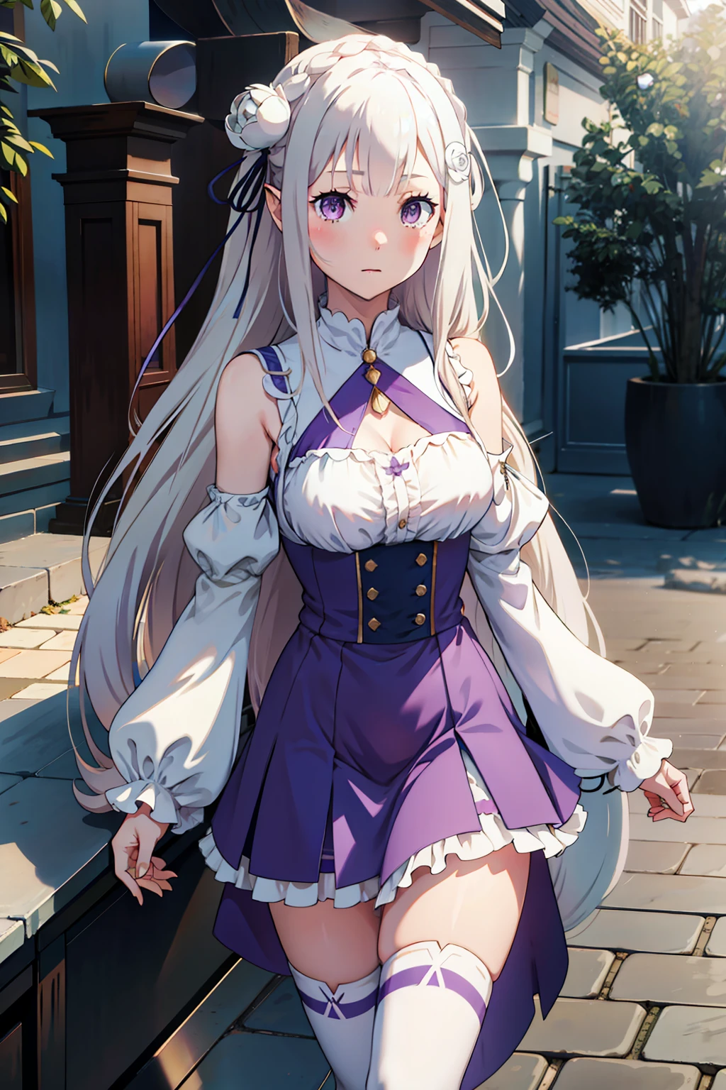 1girl, solo, Emilia, emilia_\(re:zero\), long hair, silver hair, blunt bangs, braid, hair ornament, hair flower, hair ribbon, purple ribbon, purple eyes, blush, low-tied long hair, elf, dress, bare shoulders, detached sleeves, wide sleeves, cleavage, pleated skirt, thighhights, white legwear, white shoes, outdoors, (masterpiece:1.2), highres, best quality, 8k, very clear,