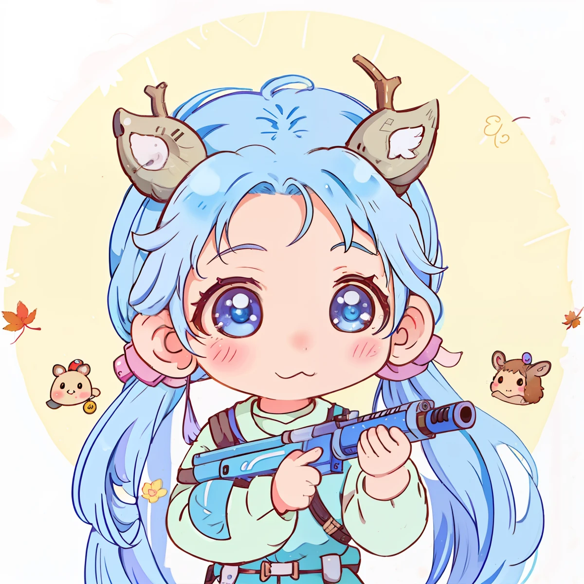 Blue-haired anime girl with rifle and deer, tchibi, official fanart, lovely art style, anime moe art style, High-quality fanart, mikudayo, Kawaii realistic portrait, cute character, with rifle, 🍁 Cute, Loli, Cute:2, cute artwork, maple story gun girl, Detailed fanart, Cute anime, Kawaii chibi