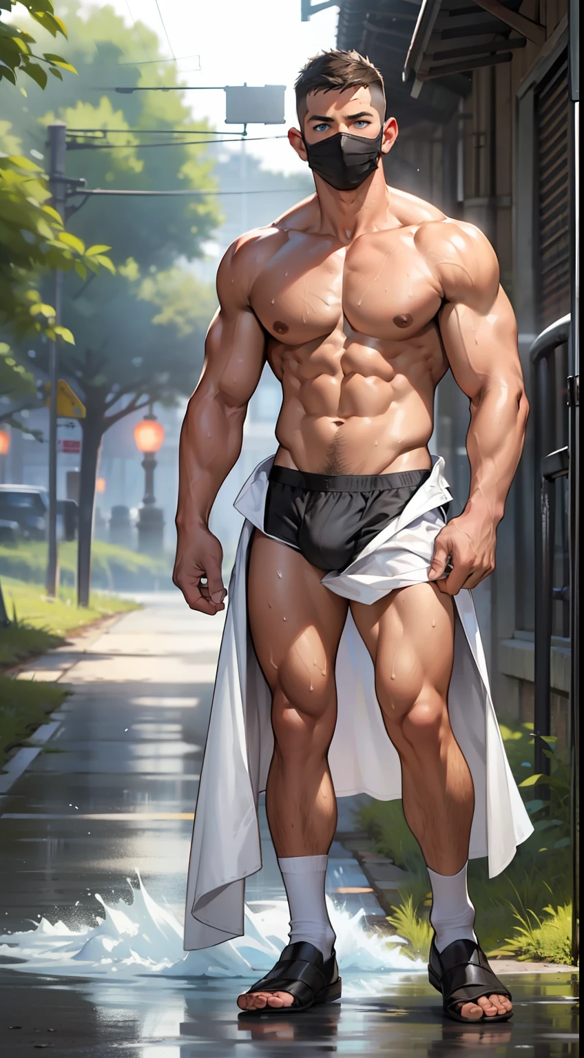 masterpiece, best quality, face, natural eyes, 1man, european, big feet, black socks, (no shoes), full body, naked, large bulge, long legs, looking at viewer, 30 years old, muscled and mature, short haircut, a soldier walking in the battlefield, soldier, battlefield, side face, blue eyes, flush, organism, face covered with white fluids, sweating, tight cloth, erecting, open chest, shirtless, topless, sexy, face without mask