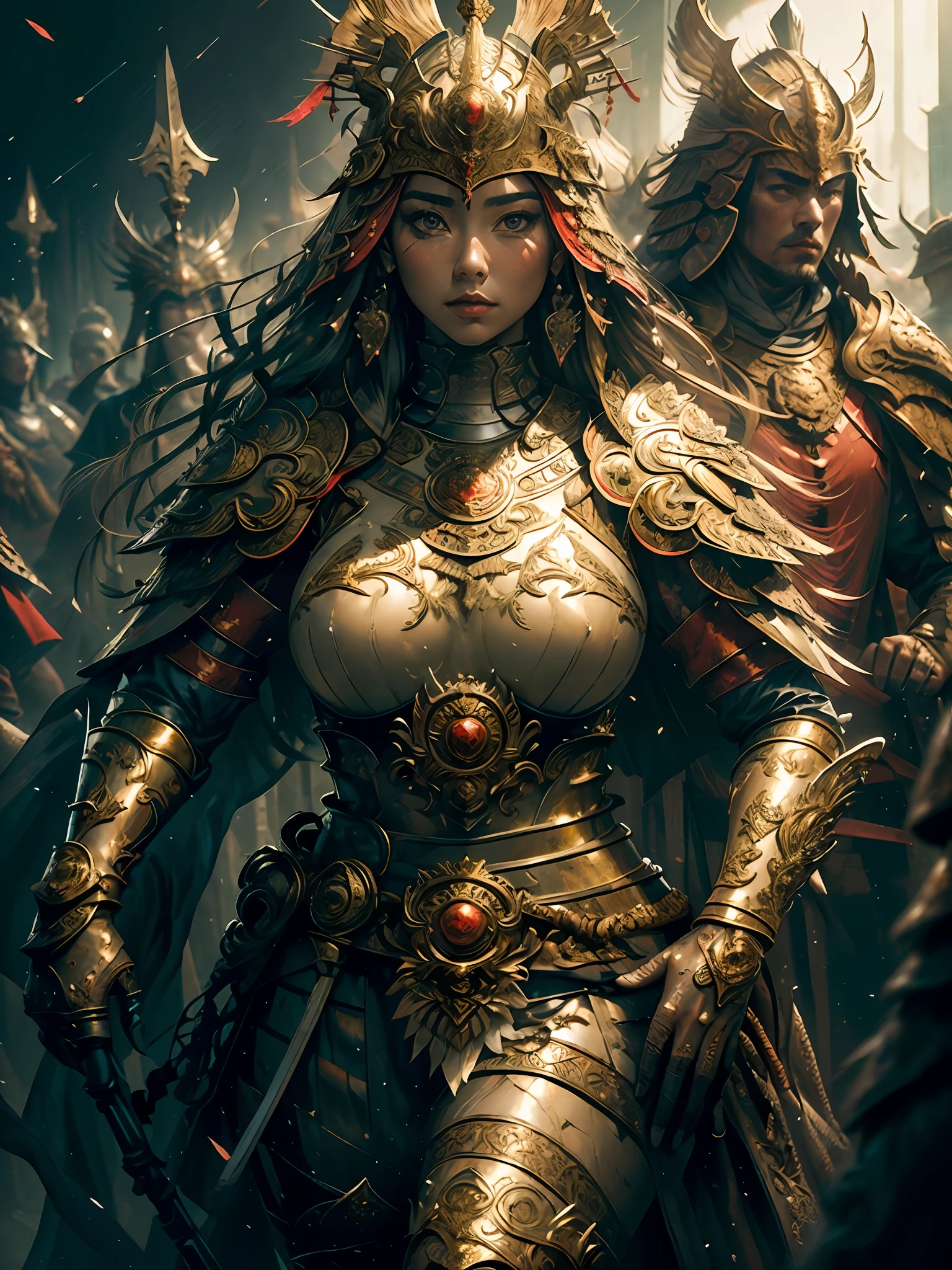 ((masterpiece))), (((best quality))), ((ultra-detailed)), (hyperrealistic), (highly detailed artwork), accent lighting, photorealistic, extremely beautiful young lady, light makeup, big breast, intricate detailed eaba, red cape, spear, shining, gloss, crisp