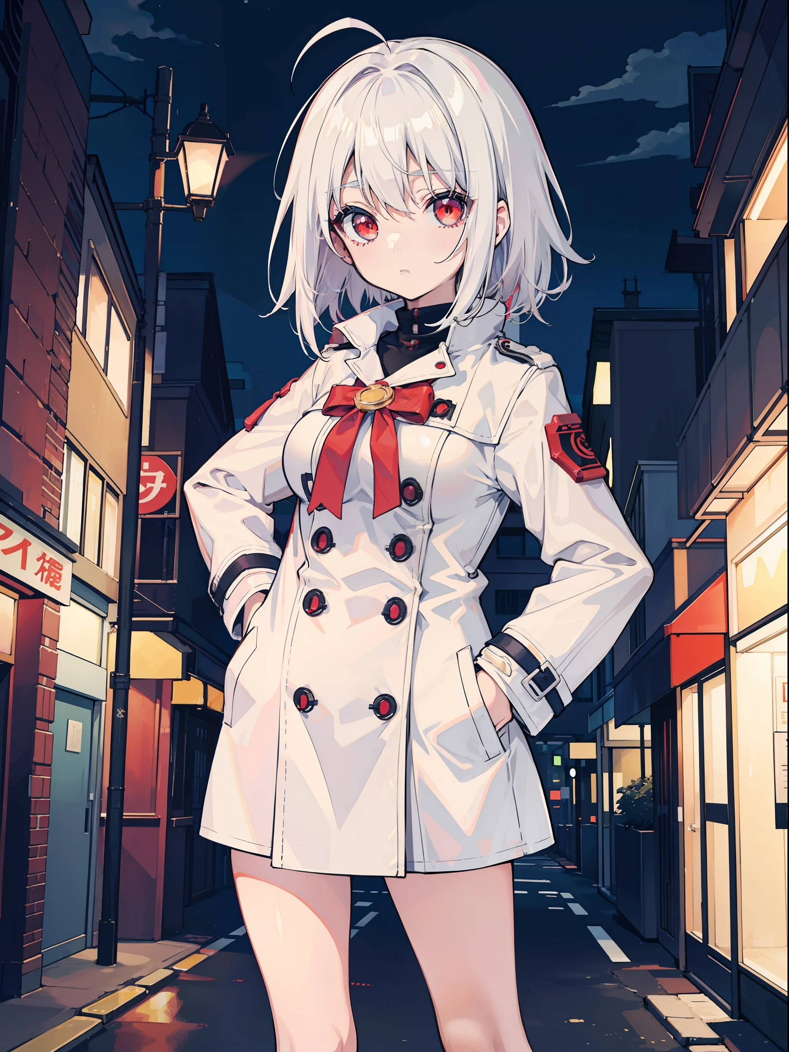 anime big breast,1girl,White-haired, red-eyed, shy small-breasted in a trench coat,Set against the backdrop of a shopping street,Hands in your clothes pockets,the night