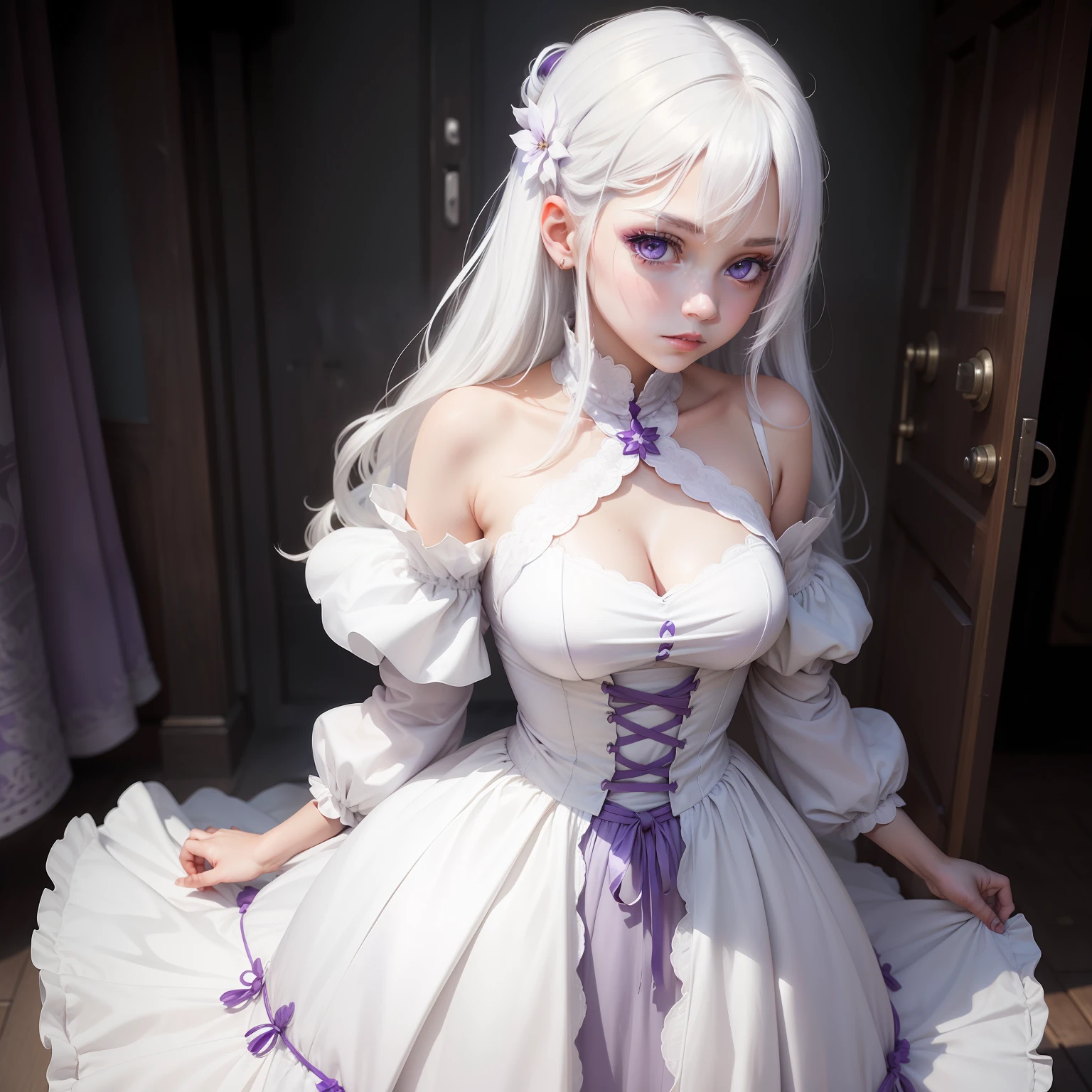 a girl, white hair, purple eyes, white dress