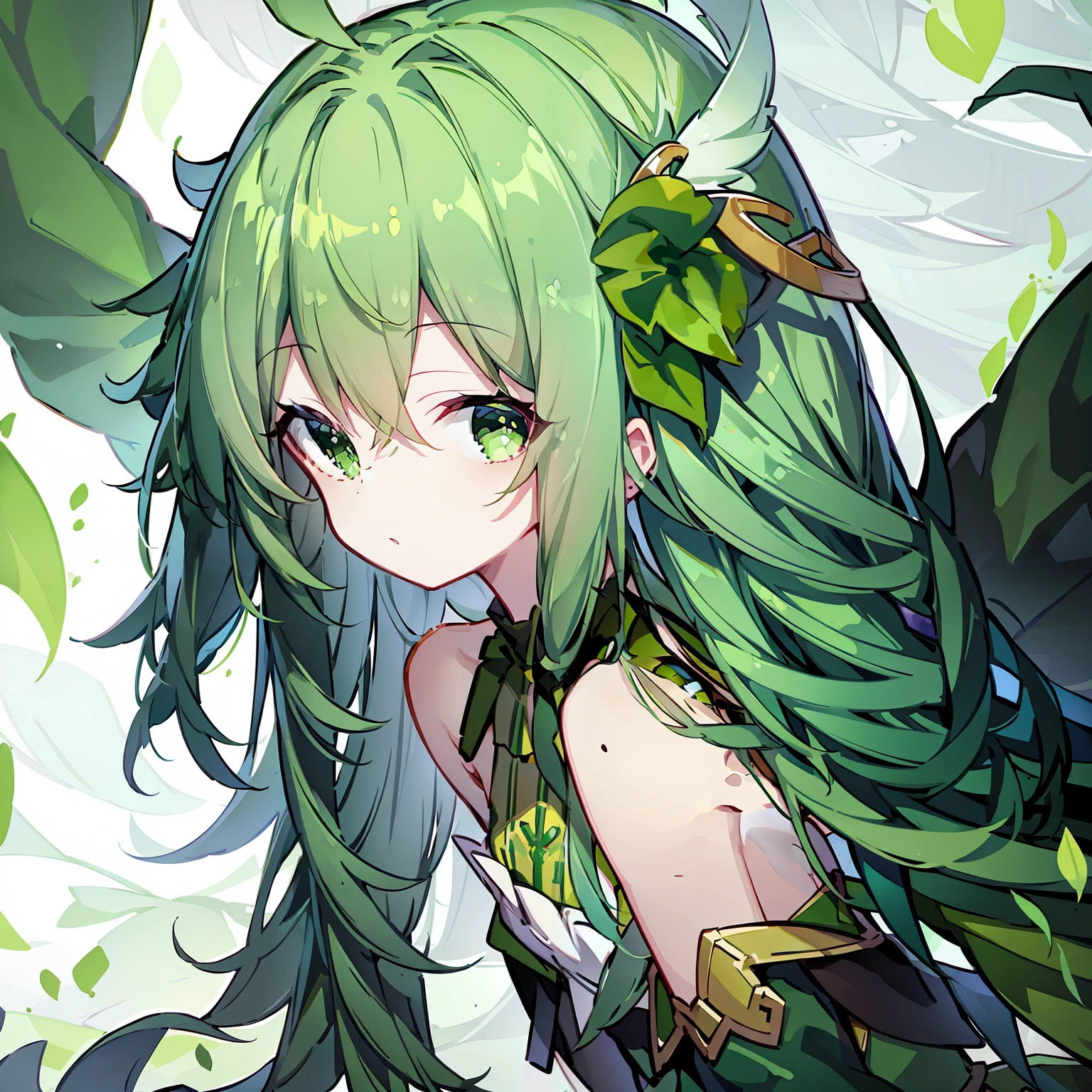 Green hair,green pupills,Green clothes,Look to the top left