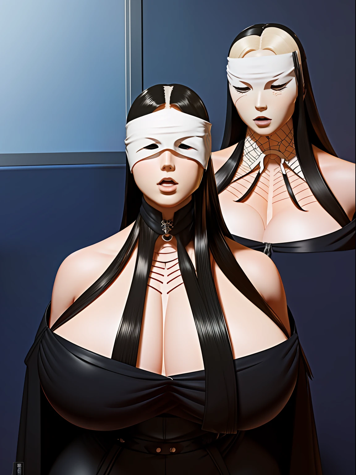 Gothic, Huge chest, Tall woman, (tmasterpiece,top Quority,best qualtiy,offcial art,Beautiful and aesthetic:1.2),,Extremely detailed,Colorful,highestdetailed,offcial art,统一 8k 壁纸,, Long hair, A sexy girl with huge and thick body wearing a tight suit,,(((Japanese animated films))),(((big assa))),(((Very conservative tight white linen))),(((Hair covers the eyes))),