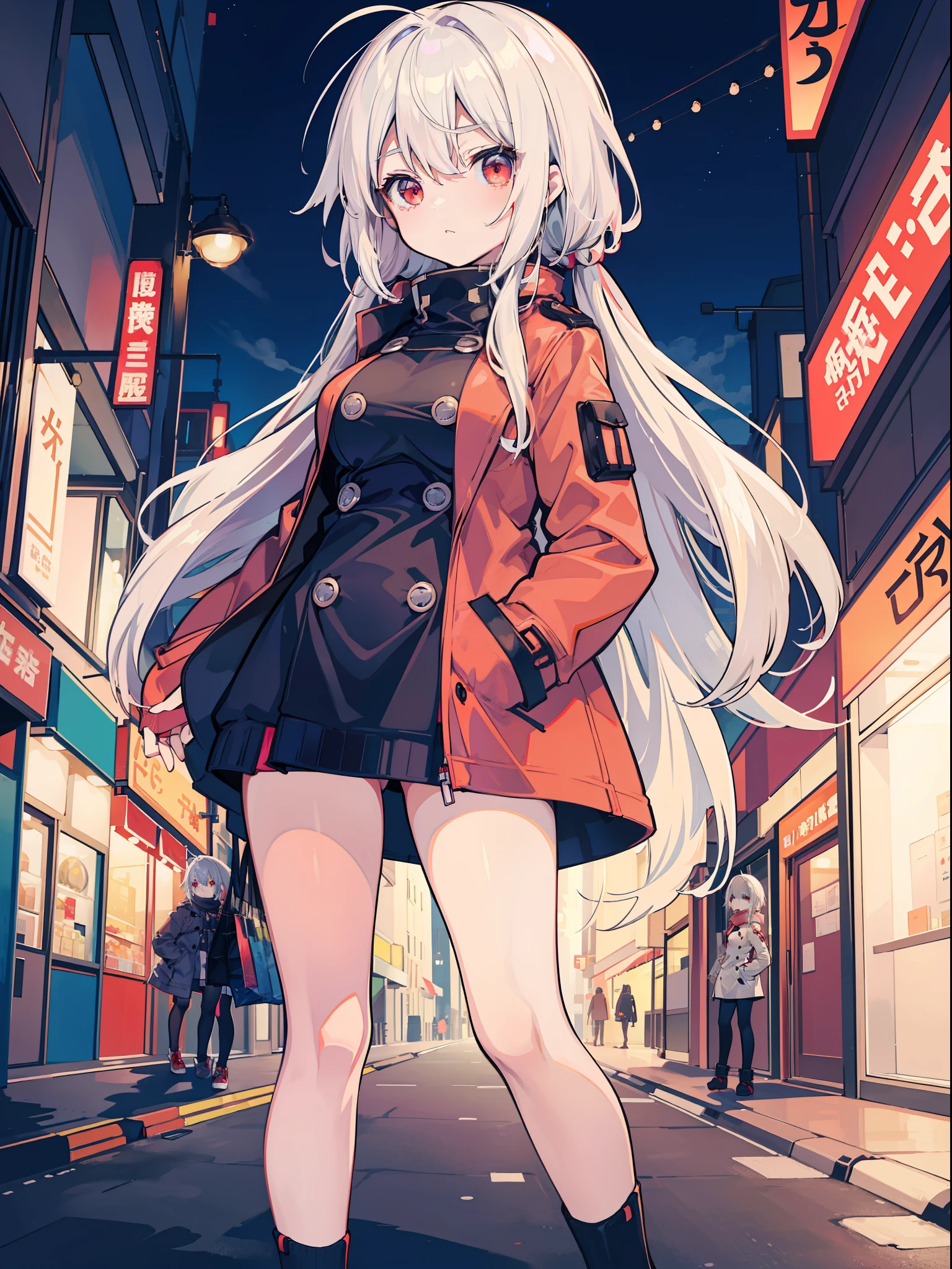 anime big breast，1girl，White-haired, red-eyed, shy small-breasted loli in a trench coat，Set against the backdrop of a shopping street，Hands in your clothes pockets，the night
