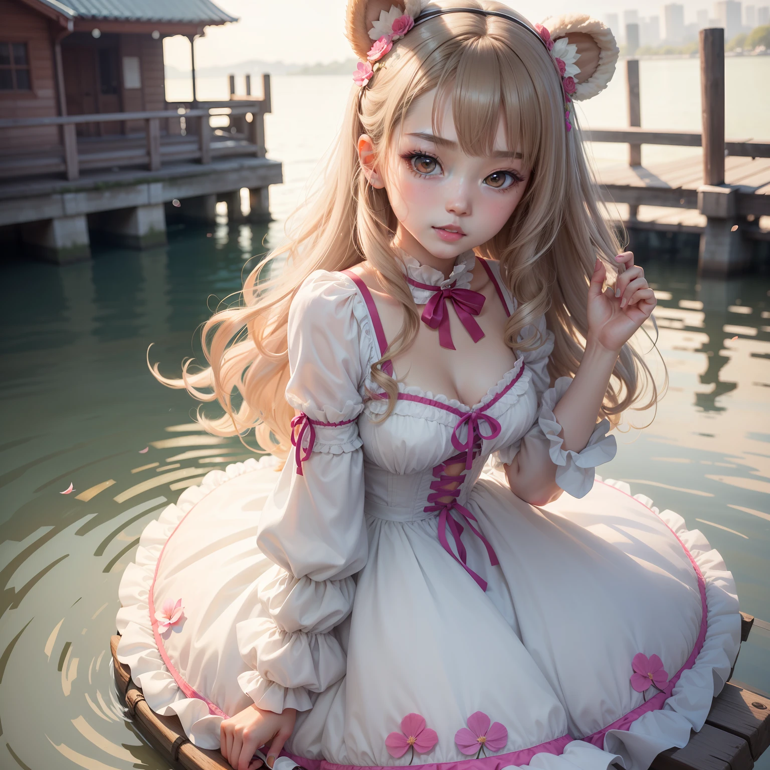 1 girl walking on the river， mix4， Lolita prostitute， pillow head， cparted lips， open_mouth， photorealestic， photo_\（Curly\）， 独奏， stuffed_animal， stuffed_toy， teddy_bear，（tmasterpiece），（realisticlying：1.3）， hyper-detailing， （highdetailskin：1.2），（best qualtiy：1.0）， （超高分辨率：1.0）， （ulzzang-6500：0.3）， Wavy detail hair， long whitr hair， rays of sunshine， （Beautiful detail makeup）， （Sexual arousal blushing heavy breathing：1.0）， Flower theme flower petals scattered， （Soft glow overflow：0.5）