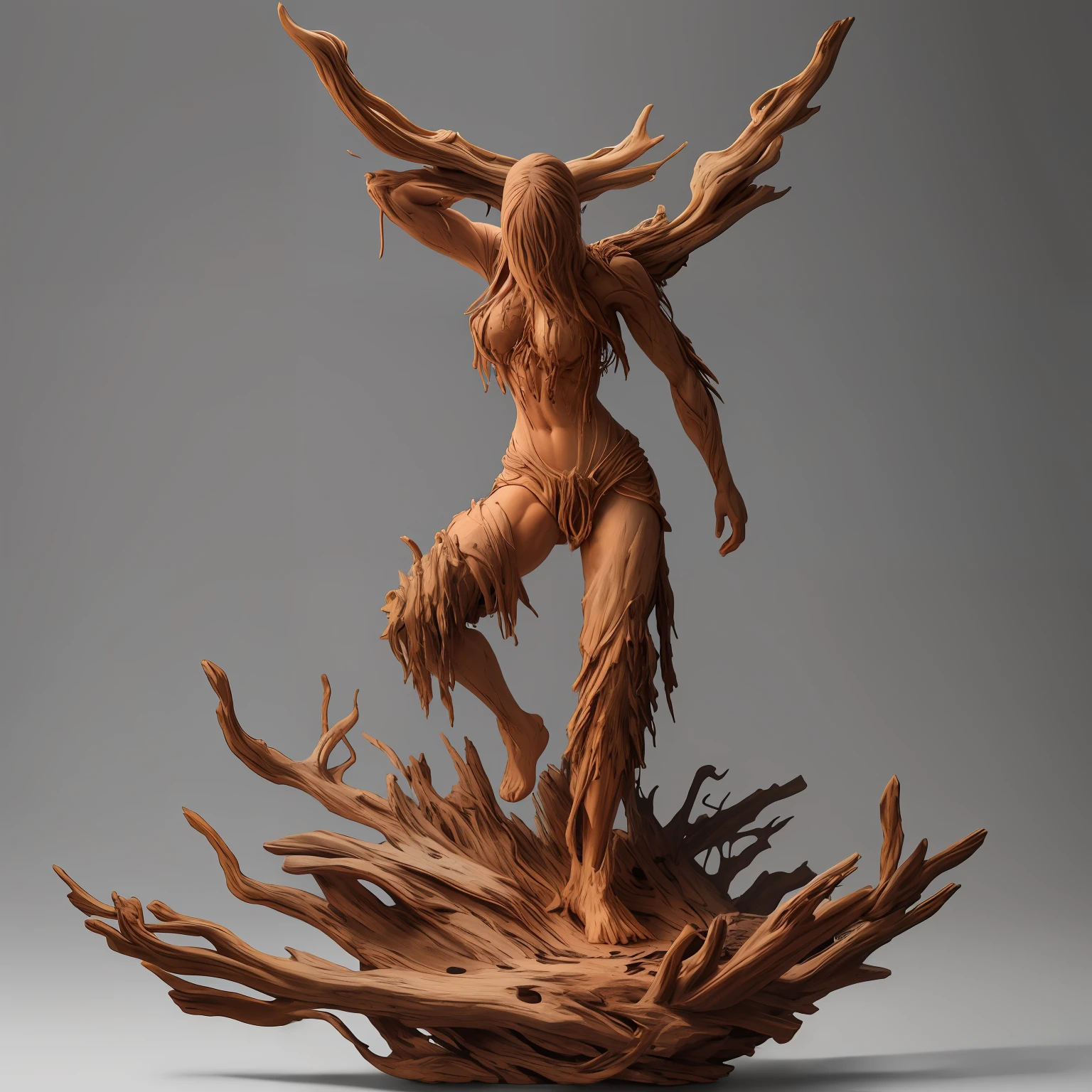 product photography of a sculpture made of driftwood, full body, crazy details, Lonely, Cinematic Lighting, Cinematic, Warm Color Palette, color wash, 8k