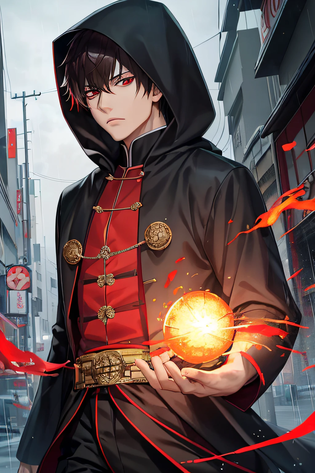 kk, best quality, more details, mastery, 1boy, kaneki ken, portrait, male focus, red eyes, solo, bangs, looking at viewer, hood, short hair, rain, tokyo tokyo \(city\), hijabi sluty,brunette color hair,Luxury,8k,the detail,Ray traching,depth of fields,电影灯光,