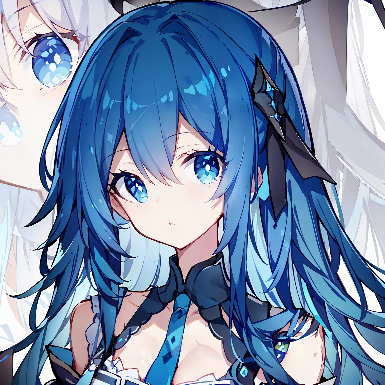 blue hair,Blue pupil,Dressed in blue,Look at the top left corner