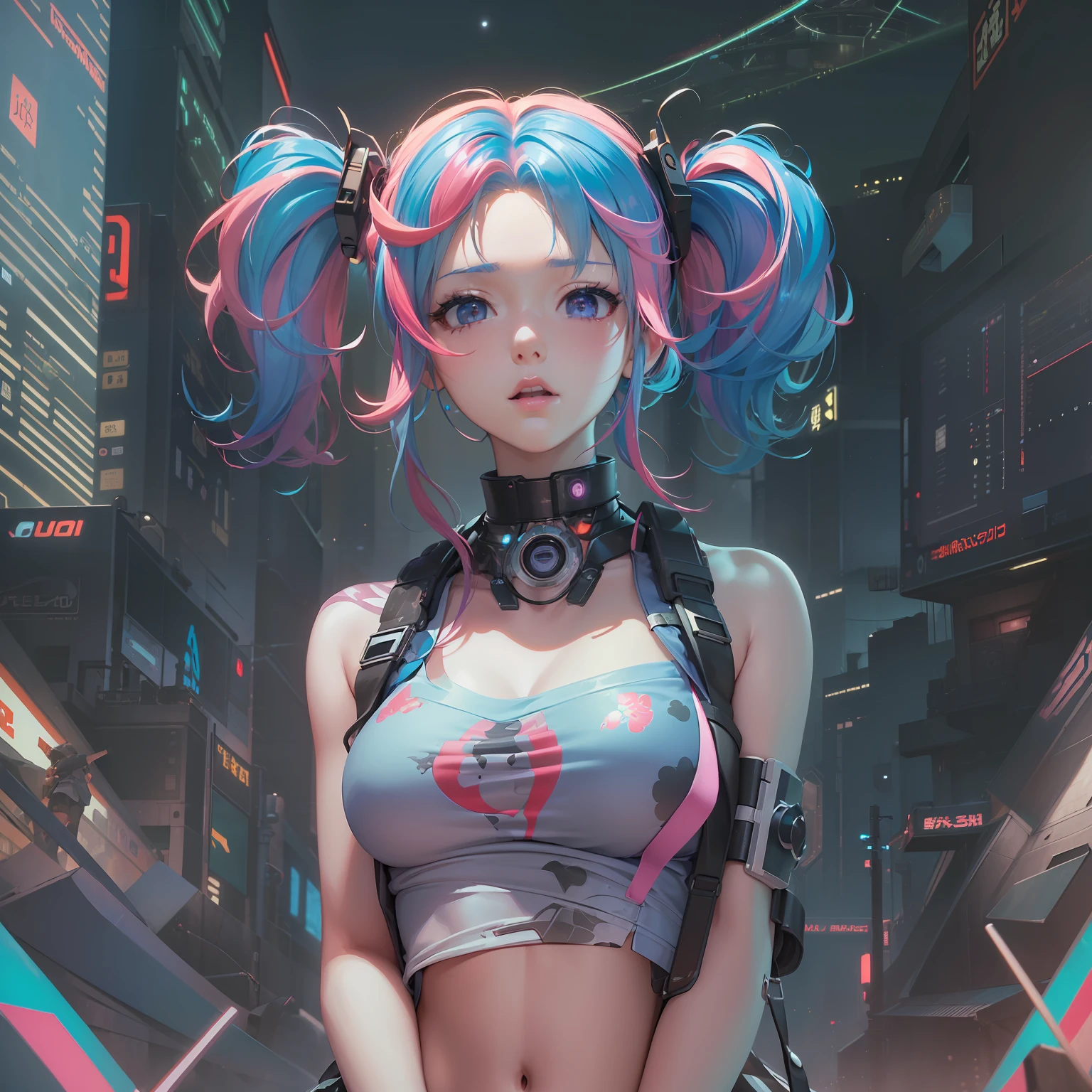 (((masterpiece)))、(((top-quality)))、((ultra-definition))、(High Definition CG Illustration)、((extremely delicate and beautiful))、、Cinematic Light、独奏、full body Esbian、cyberpunked、2040s、animesque、dreamy cyberpunk girl、Hairstyle twin tails、Rainbow Hair、trending on artstationh、Rachel Walker、
