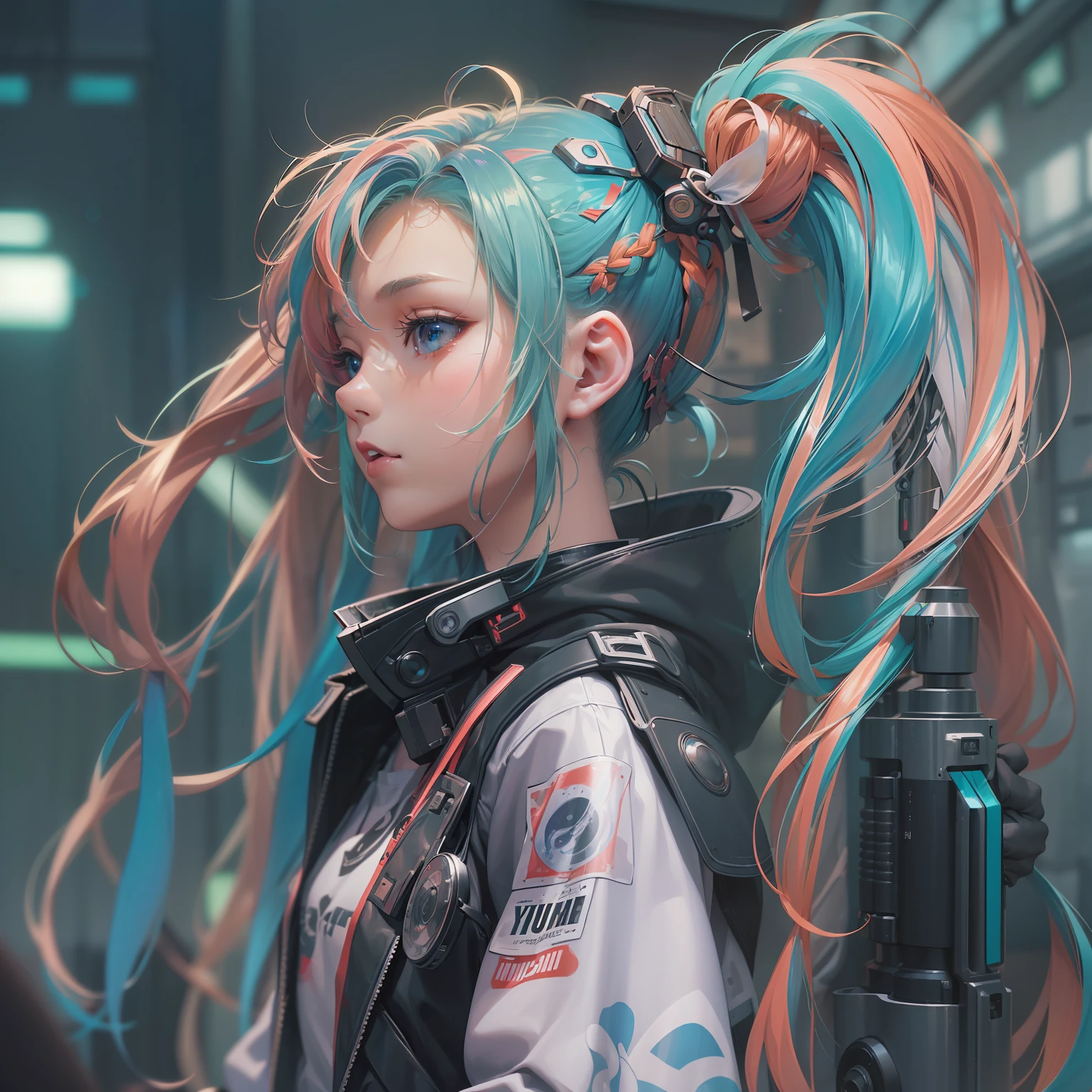 (((masterpiece)))、(((top-quality)))、((ultra-definition))、(High Definition CG Illustration)、((extremely delicate and beautiful))、、Cinematic Light、独奏、full body Esbian、cyberpunked、2040s、animesque、dreamy cyberpunk girl、Hairstyle twin tails、Rainbow Hair、trending on artstationh、Rachel Walker、
