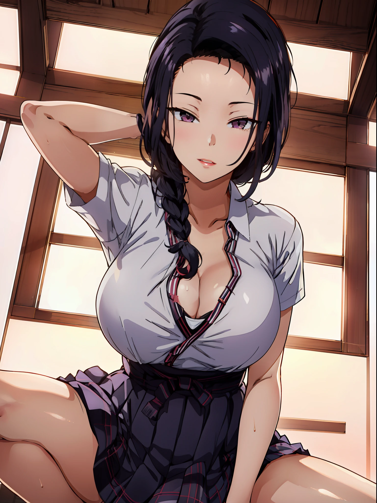 (highres, high quality, best quality:1.3), intricate details, vibrant image, colorful, volumentric lighting, saiminseishidou, Tsubaki Miyajima, 1girl, solo, cowboy shot, (from below:1.2), looking down, looking at viewer, eye contact, (spread legs:1.2), (skirt tug:1.3),
(seductive look:1.2), seductive smile,
(high school teacher outfit:1.4),cleavage,
black_hair, long_hair, hair_pulled_back,parted_lips,purple_eyes, braid,
1 girl, 24yo,mature female,Beautiful Finger,Beautiful long legs,Beautiful body,Beautiful Nose,Beautiful character design, perfect eyes, perfect face, perfect fingers, perfect hands, perfect breasts, perfect body, perfect mouth, perfect lips,
looking at viewer, in the center of the image,
SFW,official art,extremely detailed body, exteremly detailed face, extremely detailed hair, extremely detailed eyes, wallpaper, perfect lighting,Colorful, Bright_Front_face_Lighting,
(masterpiece:1.0), ultra high res,4K,ultra-detailed, 8K, HDR, highres, absurdres:1.2, Kodak portra 400, film grain, blurry background, bokeh:1.2, lens flare, (vibrant_color:1.2)
(Beautiful,large_Breasts:1.2), (beautiful_face:1.5),(narrow_waist),