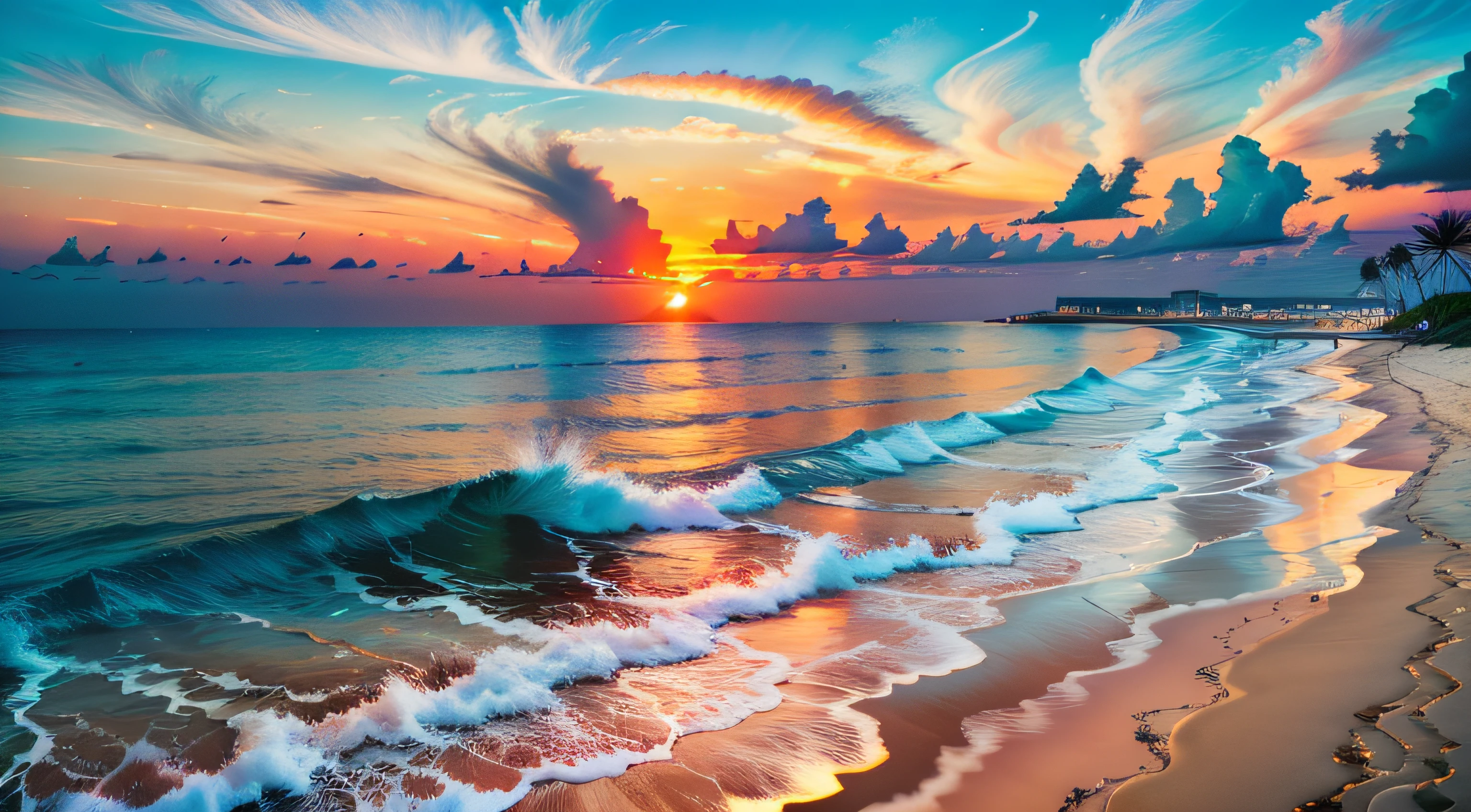 An absolutely mesmerizing sunset over the beach, with a blend of oranges, pinks, and yellows filling the sky. Crystal-clear waters of the sea gently kissing the shore, with sandy white beach stretching far and wide. The scene is dynamic and breathtaking, with seagulls soaring high in the sky and gently swaying palm trees. Take in the calming atmosphere and let the peacefulness wash over you.