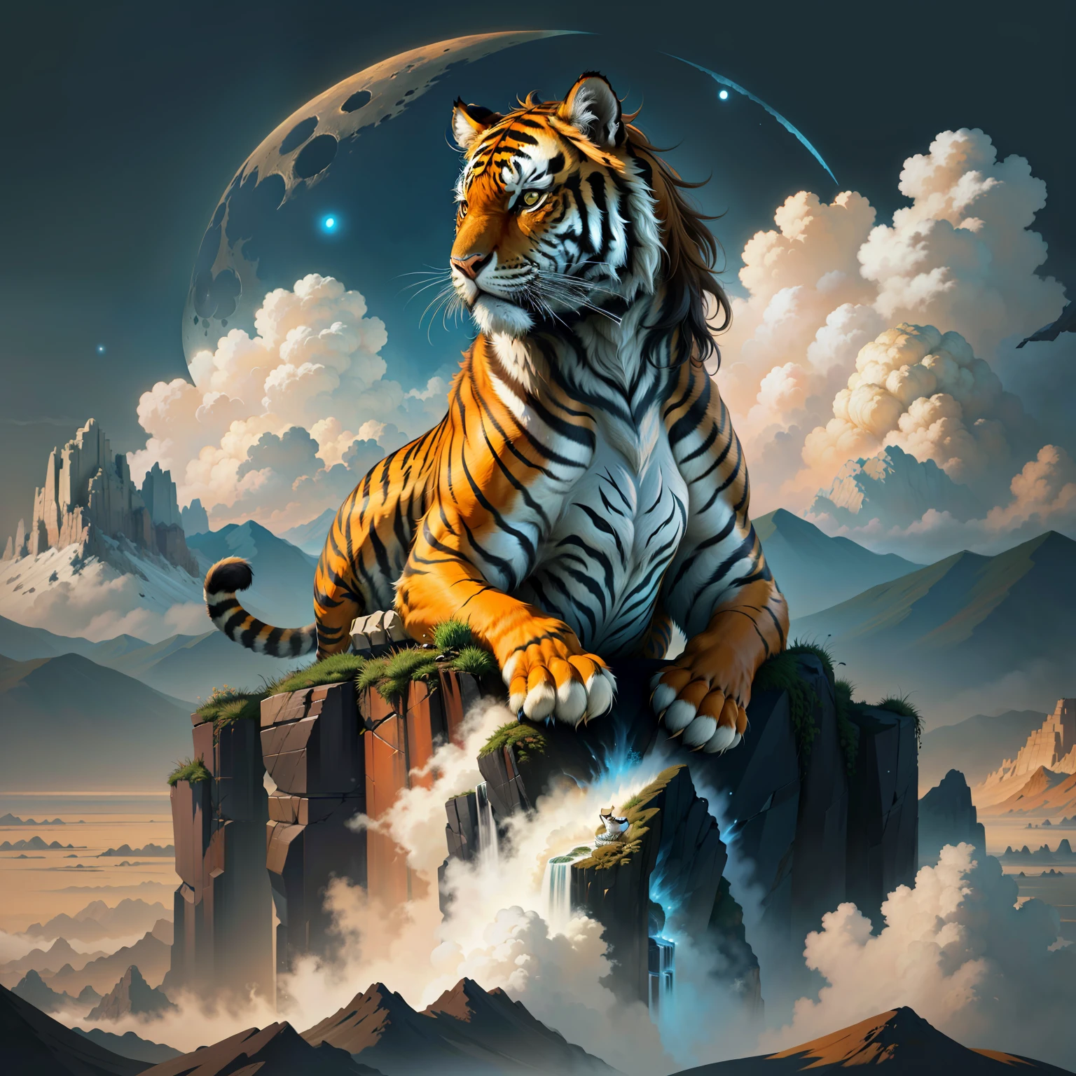 Draw a tiger sitting on a cliff,The background is the moon, 4k highly detailed digital art, highly detailed digital painting, digital painting highly detailed, Realistic fantasy illustration, stunning digital illustration, sacred tiger, 4K detailed digital art, Anthropomorphic tiger, author:Karen Beit, Highly detailed digital art, highly detailed digital artwork, Justin Gerard,Chinese ancient style,Listen to the divine beast,A majestic beast,The image of the body of the tiger head