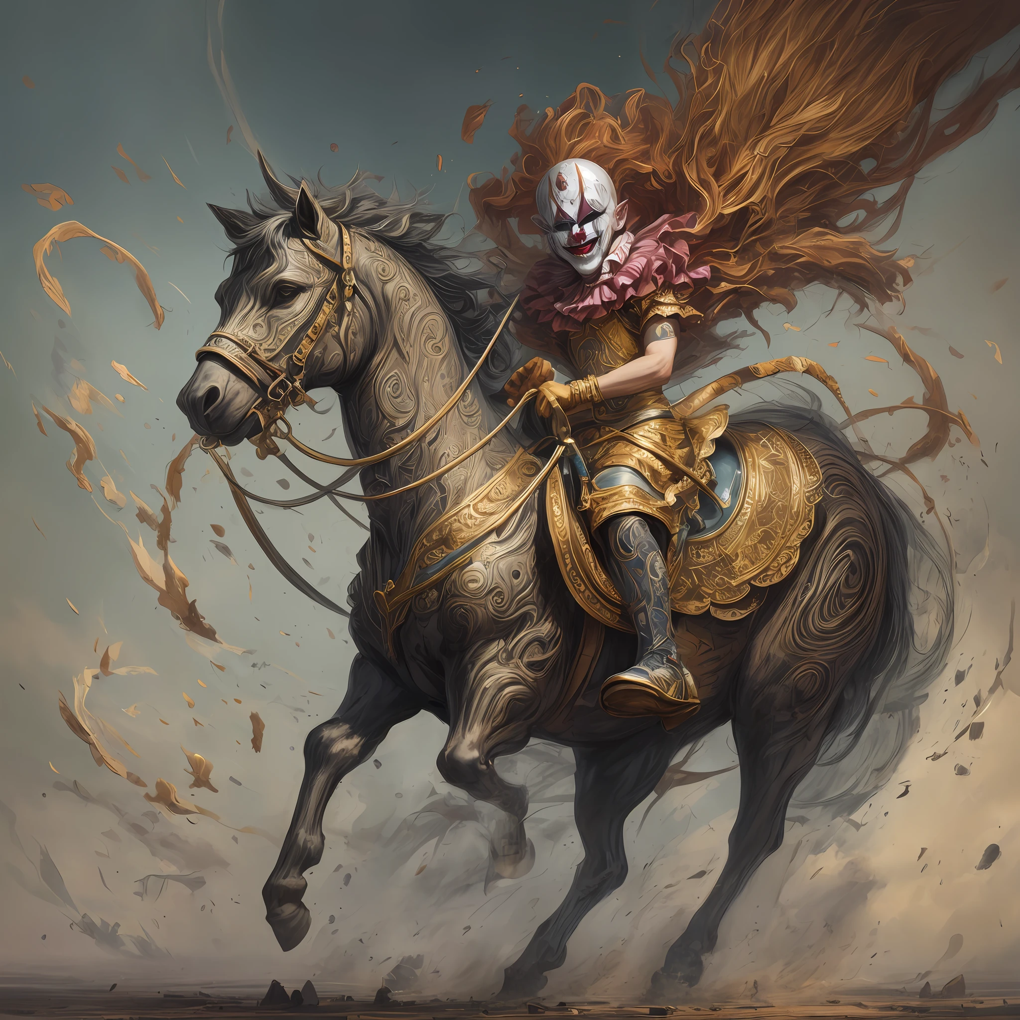 creepy clown riding merry go around, horror, highly detailed, high quality, high resolution, hd, fine details, by tim okamura, victor nizovtsev, greg rutkowski, noah bradley. trending on artstation, 8k, masterpiece, fine detail, intricate detail, golden ratio illustration --auto --s2