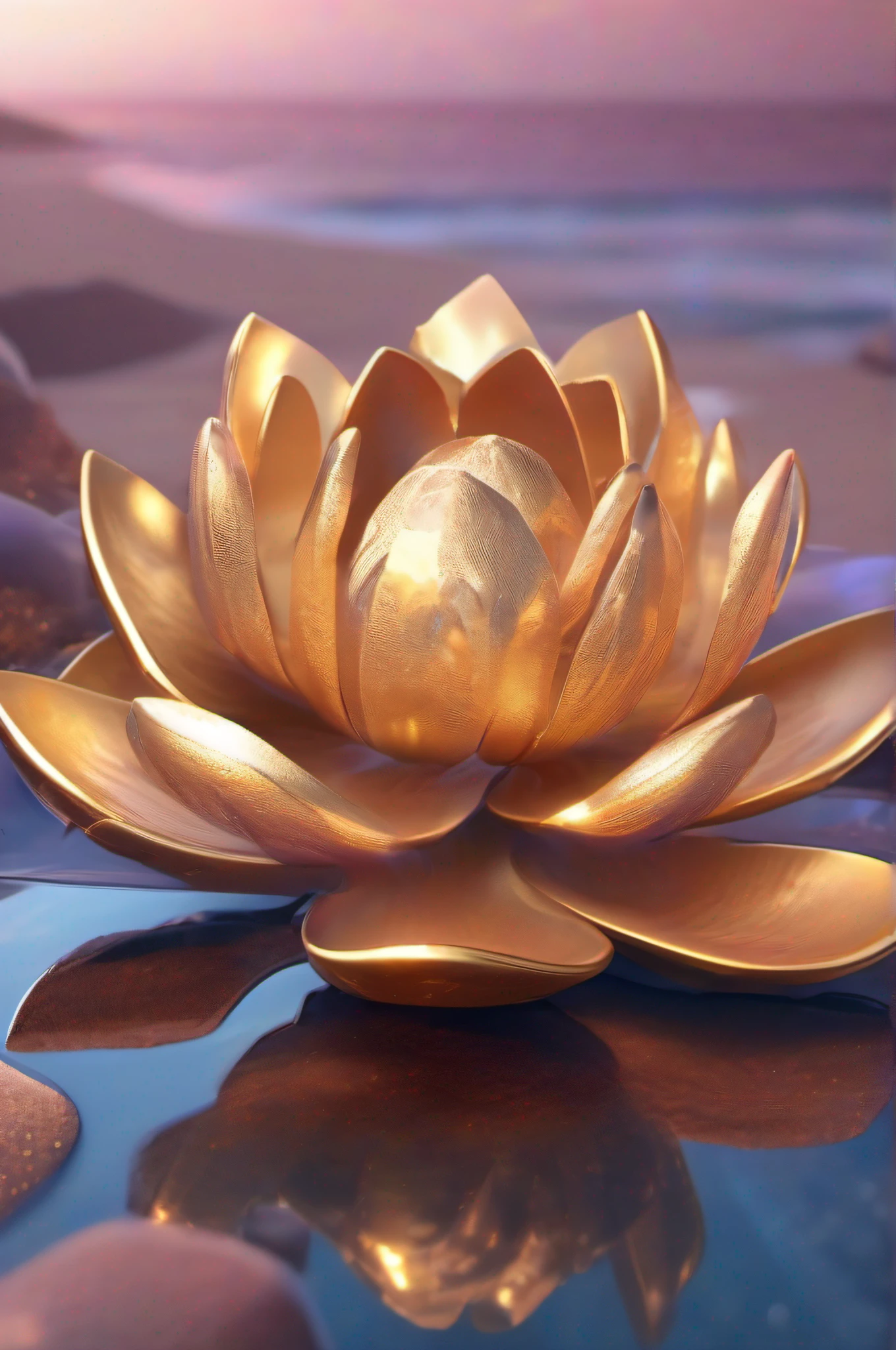 (8k wallpaper, .primitive, Photorealistic:1.25) ,( glossy side,, Best quality, Ultra-high resolution, Depth of field, color difference, Caustics, Special light) ,Iridescent color style,(dreamy and romantic compositions:1.5),Bright style,Crystal clear stone,Lotus-shaped stone,sandbeach,with light glowing,Golden light,