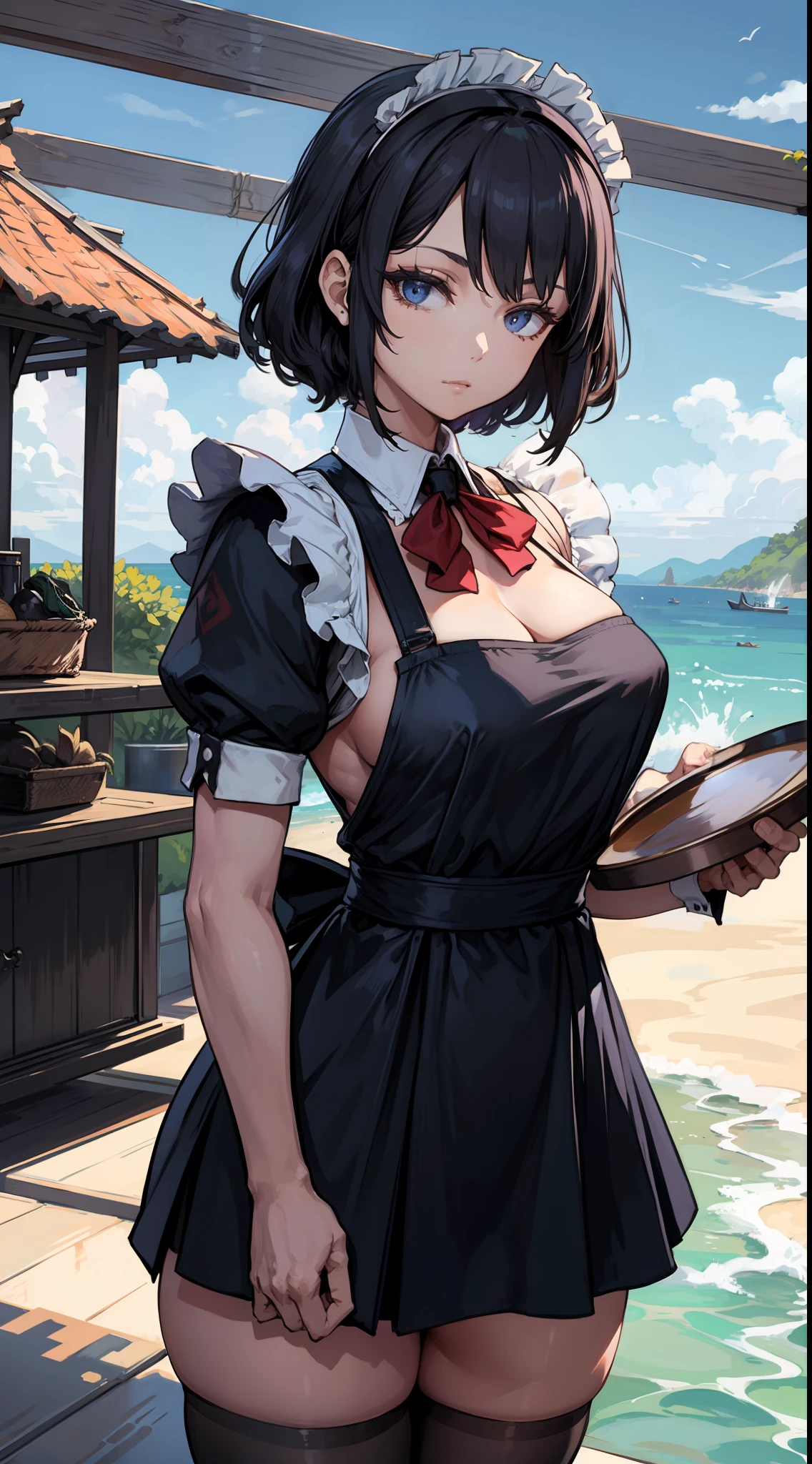ninjartist Maids、Ninja bandana、Maids pinafore、Knives、Tray、sea side、supreme、Beautiful fece、Magnificent、