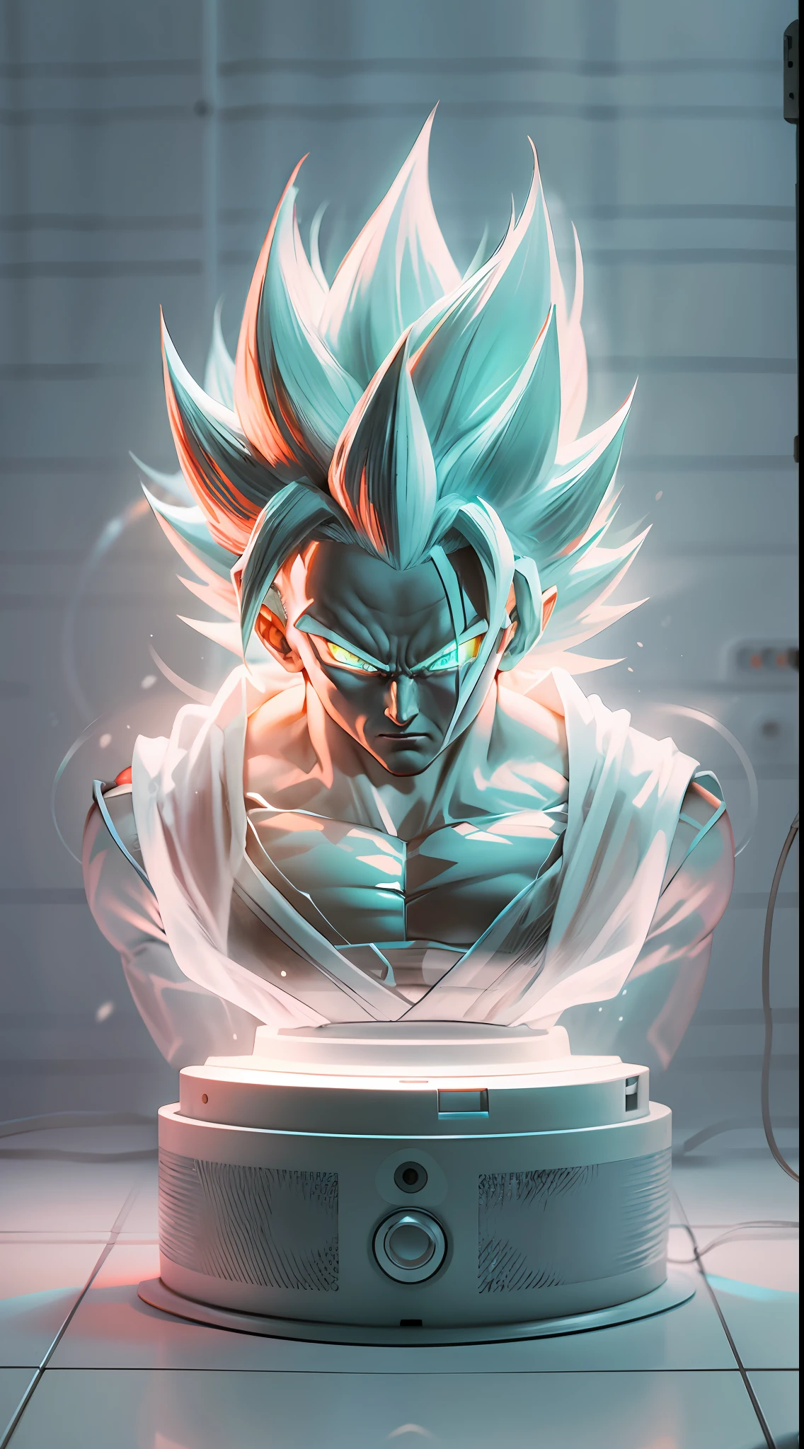 1 transparent Super Saiyan,Bust photo,cleanness,cleanness,Glowing bright white fluorescent lamp,Bright white light,Super bright light,Harsh bright white light,Surrounded by bright lights,white backgrounid,ultra-realistic realism,Go beyond hard drives,high detal,best qualtiy,4K