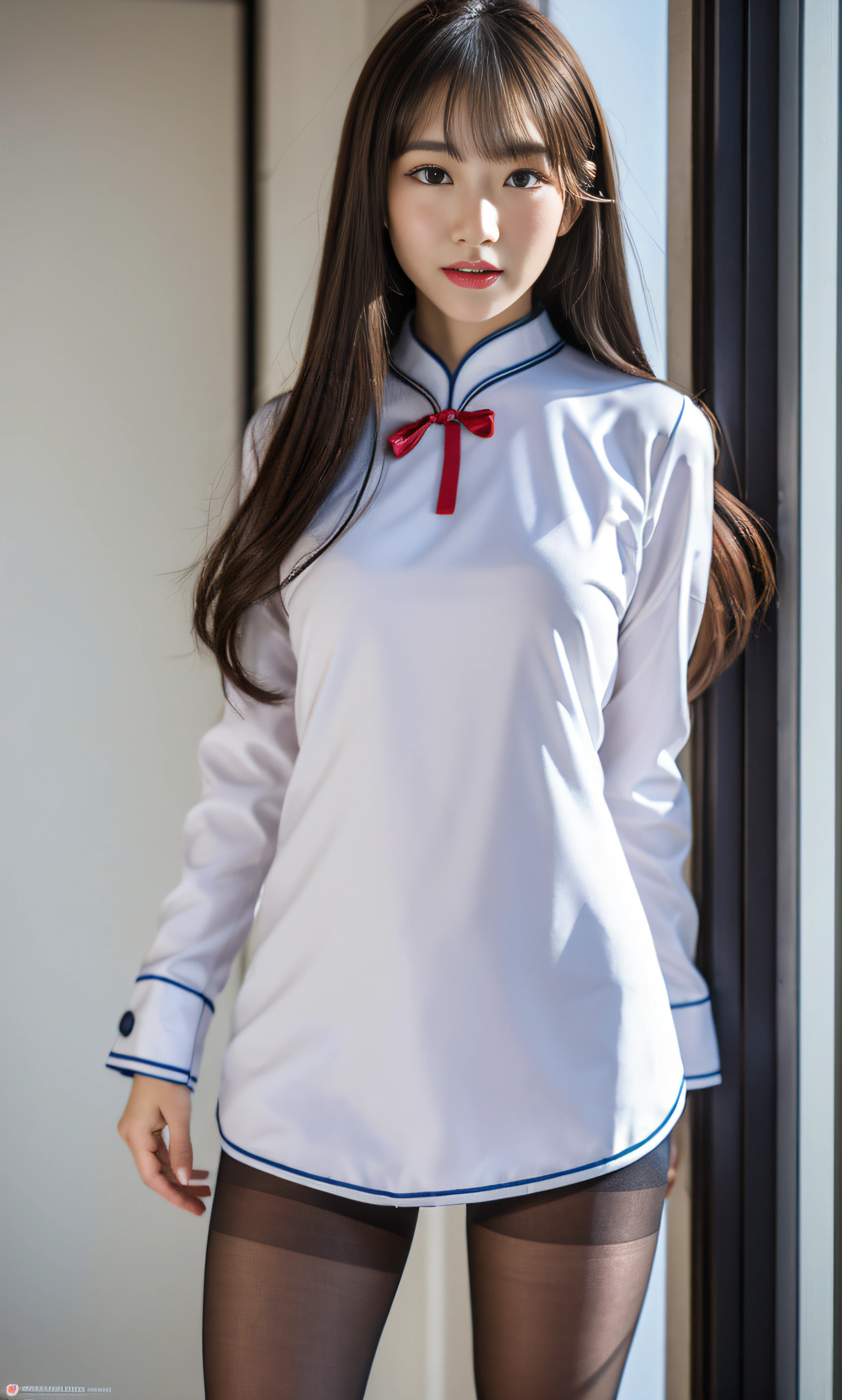 ulzzang-6500-v1.1, (raw photo:1.2), (photorealistic:1.4), beautiful detailed girl, very detailed eyes and face, beautiful detailed eyes, ridiculous, incredibly ridiculous, huge file size, super detailed, high resolution, very detailed, best quality, masterpiece, ((cheongsam)), illustration, very detailed, CG, unified, 8k wallpaper, amazing, fine detail, masterpiece, best quality, Very detailed CG uniform 8k wallpaper, face light, movie lighting, 1girl, 16 years old, ((no panties)), ((dynamic pose))), (half), ((pantyhose)), silver white long hair