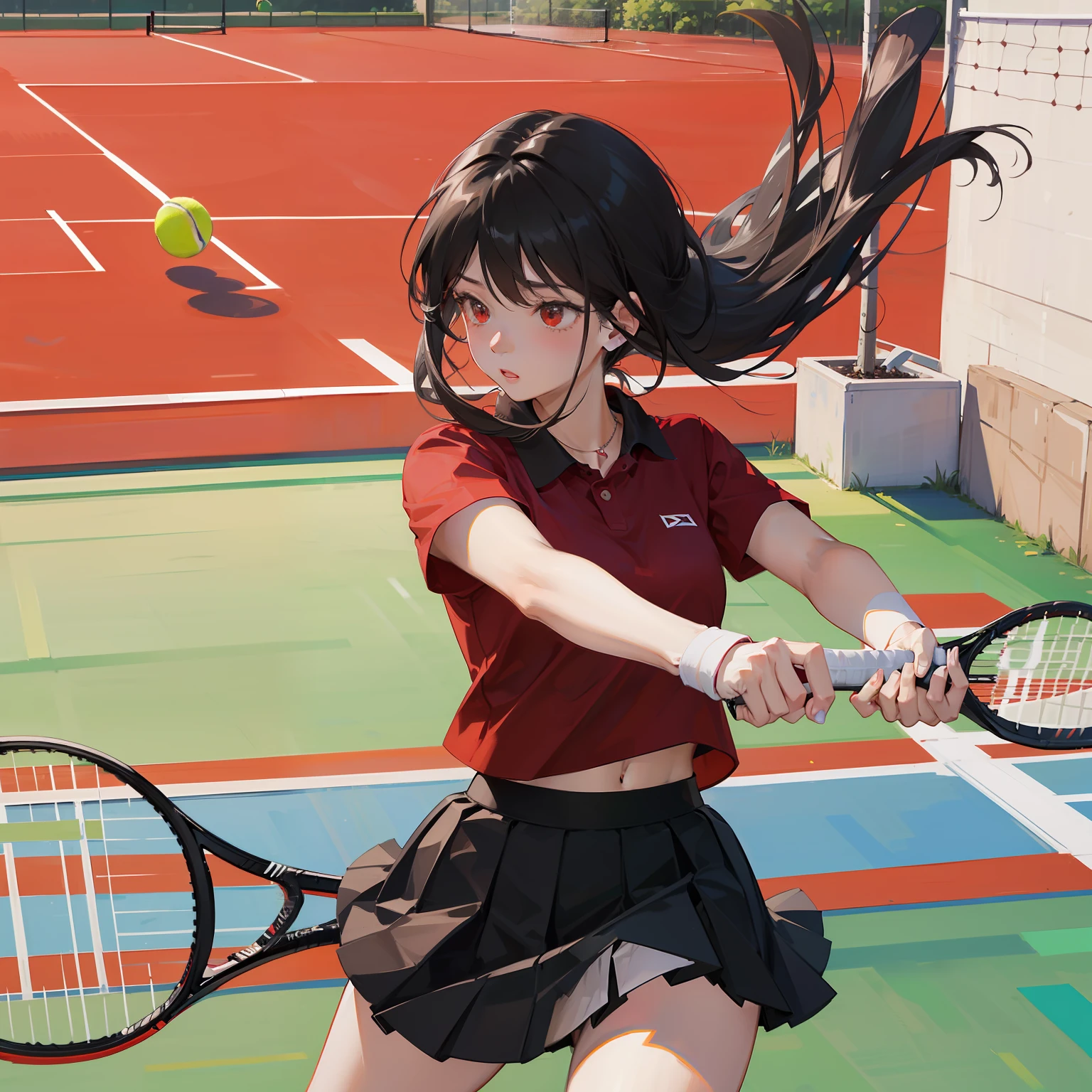masterpiece、hightquality、vivd colour、(((Long Black Hair)))、(((Red Shirt)))、(((a black skirt)))、(((Playing tennis)))、One racket