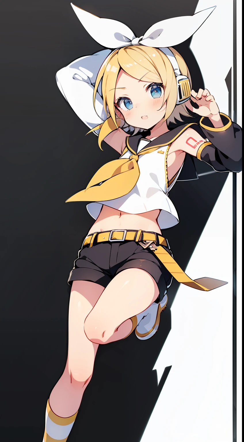 Kagamine Rin
number tattoo
short hair, bow
Kagamine Rin, short hair, number tattoo, bow, white shirt, detached sleeves, belt, sailor collar, headphones, shorts, leg warmers、cute little、doress、masterpiece、Top image quality、top-quality