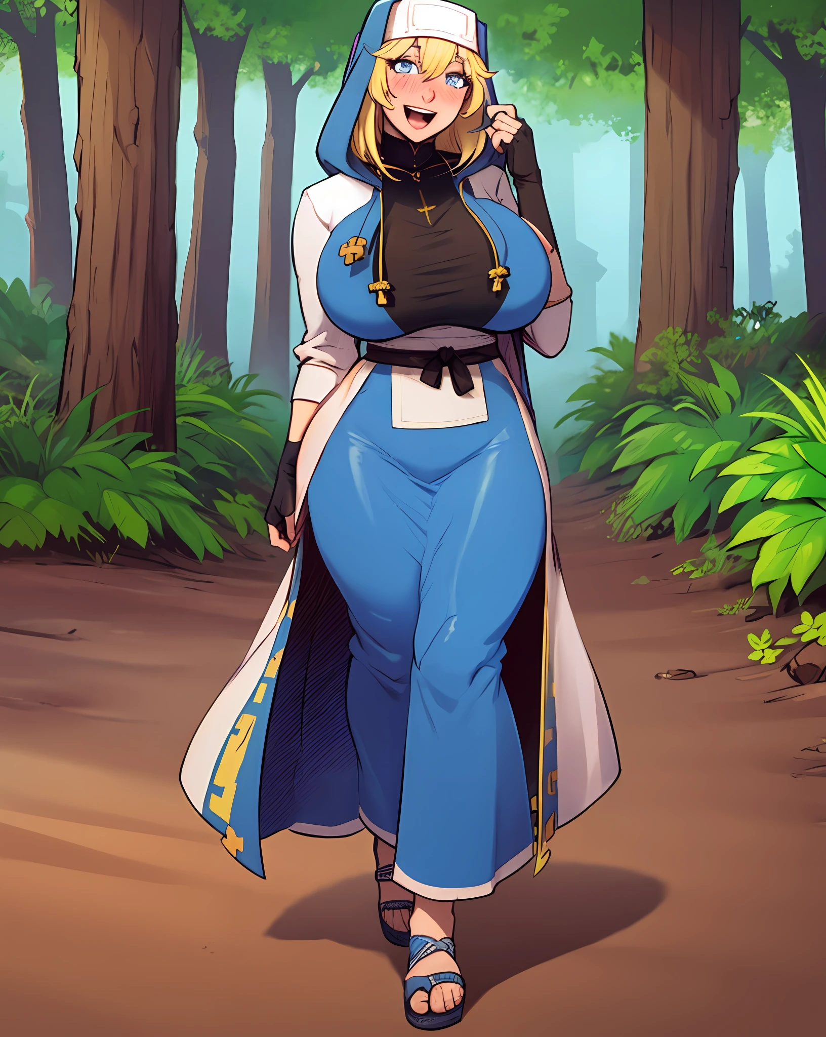 ull body,blonde hair,otoko no ko,female, focus,1girl,hood,solo,gloves,,smile,hair between eyes,blush,black gloves,skirt,open mouth,bangs,blue s,simple background,blue eyes,bridget girl,huge breast, curvy, medieval cloths, priestess, nun, full body, walking, flip flops, village, forest, long skirt, pants