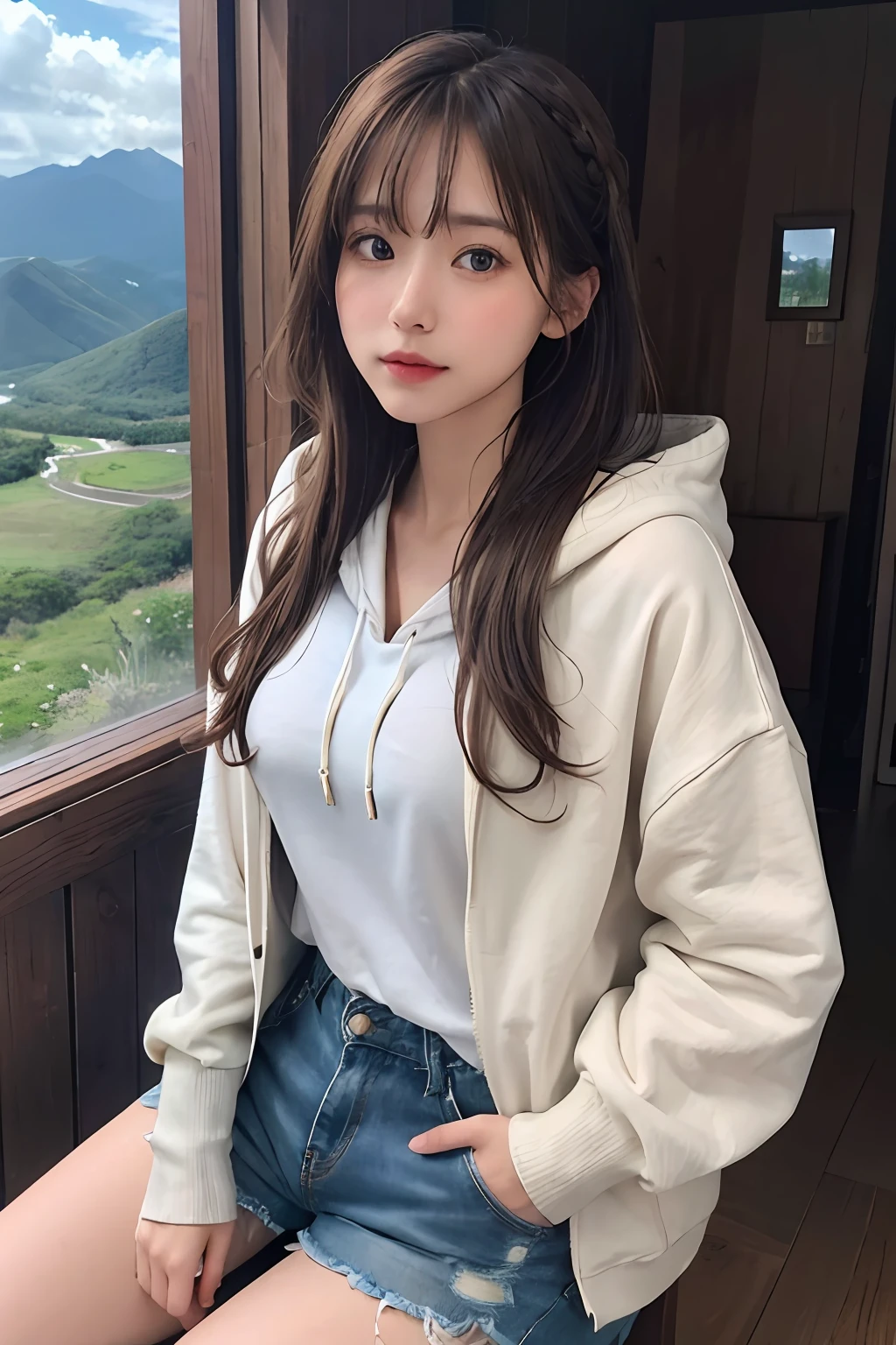 (From the top:1),((1girl in)),Light Brown Fringe Hair、Braided hair、disheveled hair、Light brown eyes、(dignified expression)、(Hoodie),(SFW ruptured chest)、(Jeans shorts)、((Emphasize the valley))、early morning、sea of clouds、mountainscape、(Photorealsitic)、(intricate detailes:1.2)、(​masterpiece、:1.3)、(top-quality:1.4)、(超A high resolution:1.2)、超A high resolution、(A detailed eye)、(detailed facial features)