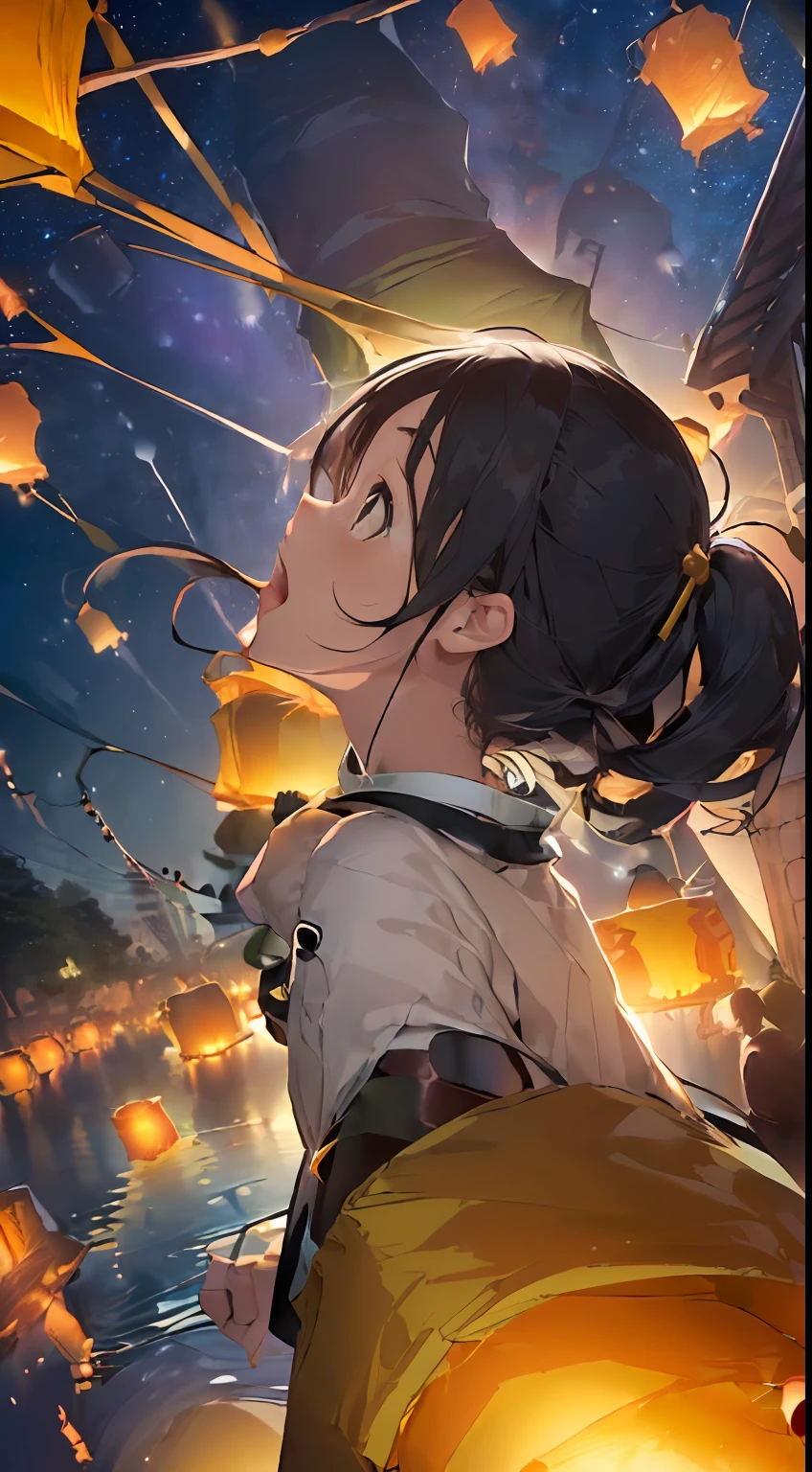 zero gravity,( Lots of floating lanterns filling the sky:1.5),(Floating lanterns fill the entire sky without a gap:1.9),(adult woman looking up at the sky:1.5),open mouth,happy smile,