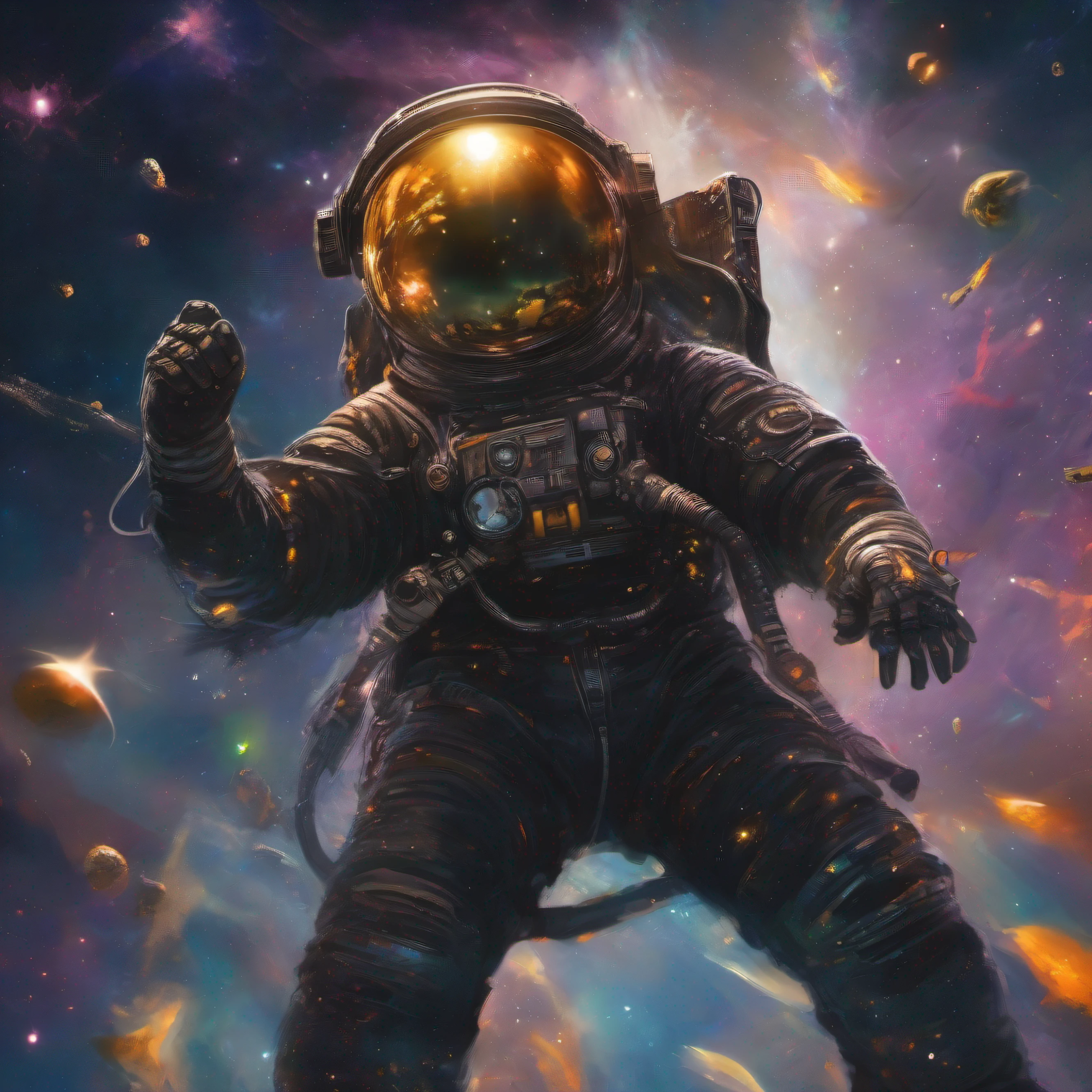 master part, melhor qualidade, 1 menino de pele escura, cabelo preto spike com luzes laranjas, traje preto, tigela de peixe como capacete, Astronaut floating through space, Estrelas, Planetas, galaxy, nebula, brilho, Cintilante, brilhante, brilhar