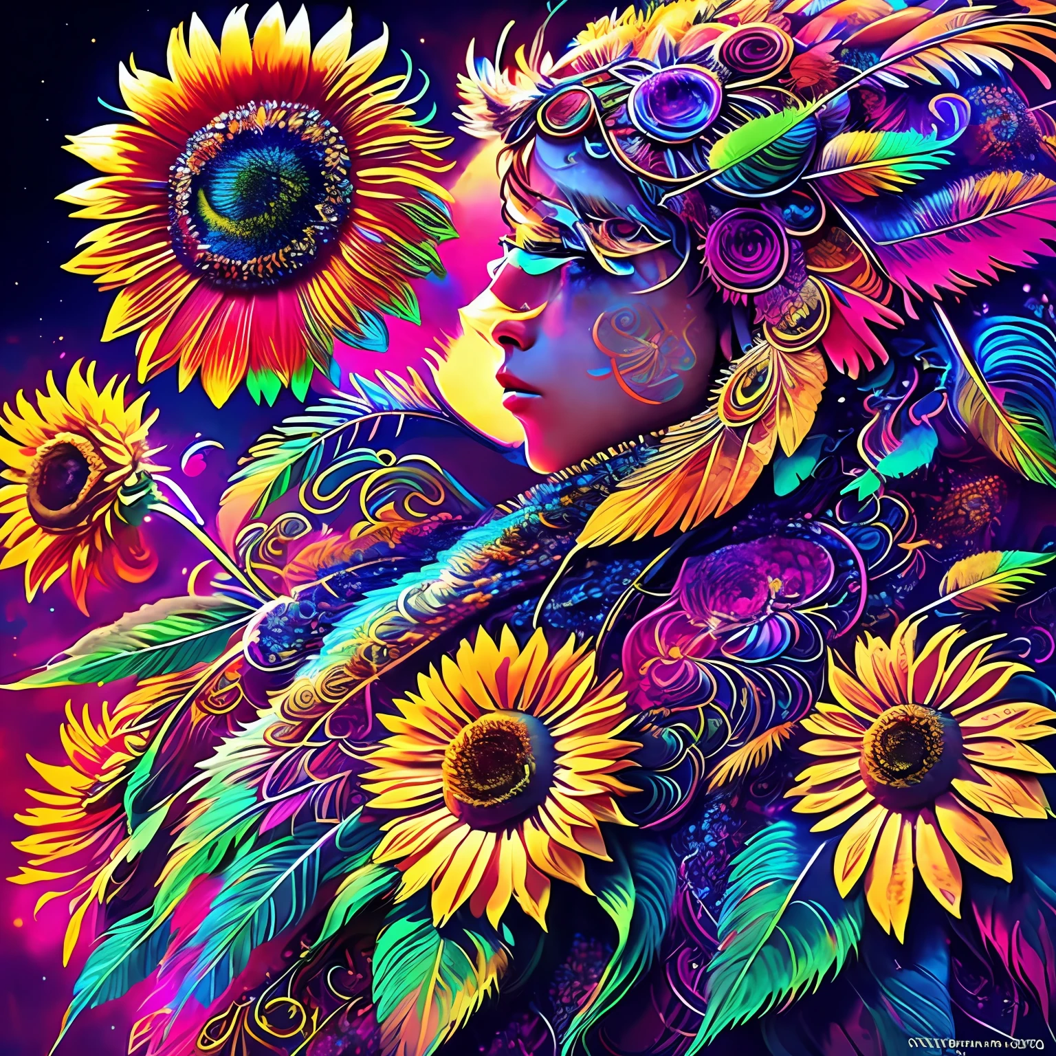 Riff Style 2 (masutepiece, of the highest quality, Best Quality, Official art, Beautiful and aesthetic:1.2), (1 sunflower:1.3), Extremely detailed,(Fractal Art:1.1),(Colorful:1.1)(Flowers:1.3),highest details,(Zentangle:1.2), (Dynamic Pose), (Abstract background:1.3), (Shiny skin), (Many colors:1.4), ,(earrings), (Feathers:1.5),unmanned