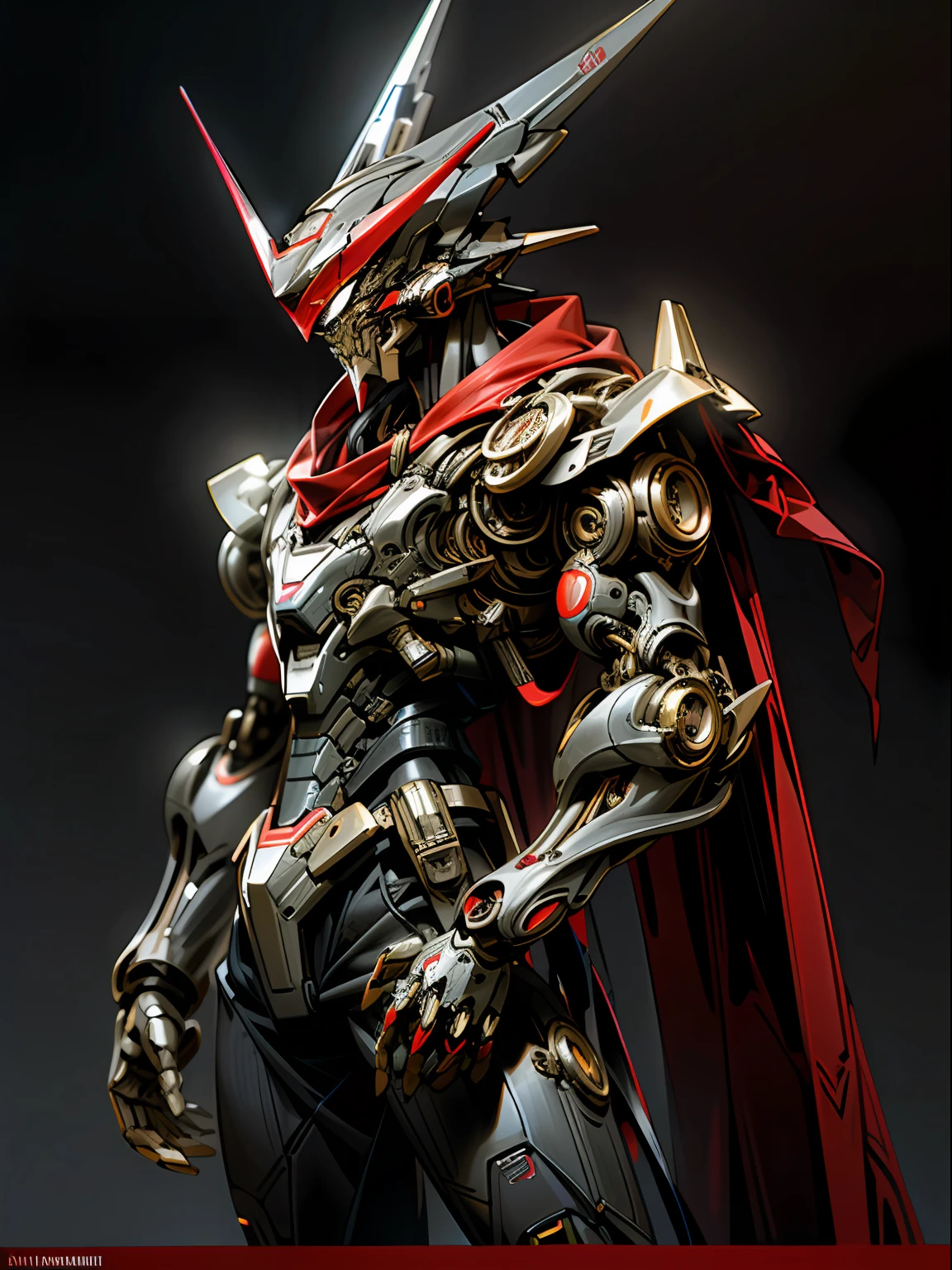(A dark and fantastic Raw photo of the Cyberpunk style (Great revolutionary, Esgrimista, Vermelho: 1.1), with the striking presence of a mechanical wonder man and the aura of a cybernetic guardian.)