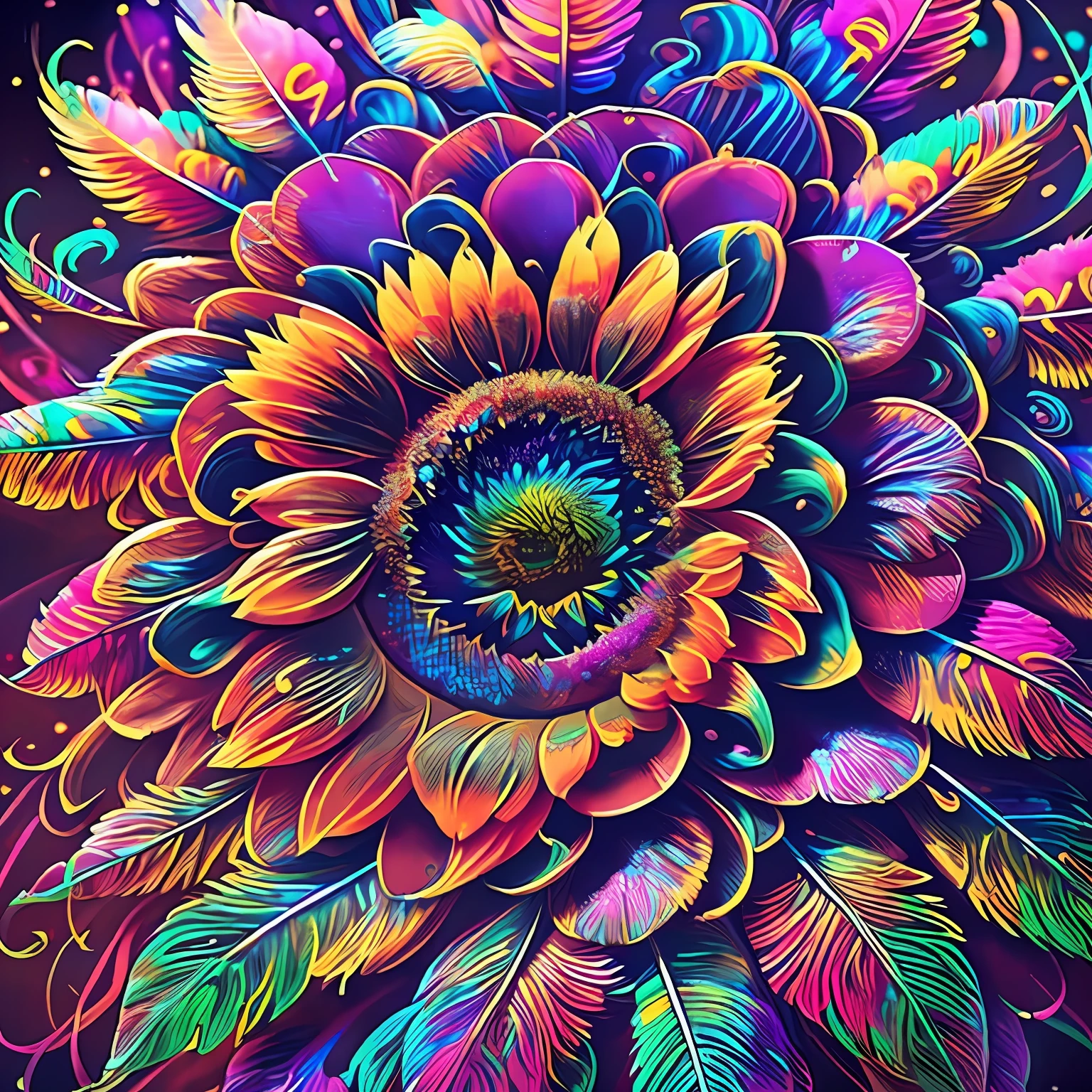 Riff Style 2 (masutepiece, of the highest quality, Best Quality, Official art, Beautiful and aesthetic:1.2), (1 sunflower:1.3), Extremely detailed,(Fractal Art:1.1),(Colorful:1.1)(Flowers:1.3),highest details,(Zentangle:1.2), (Dynamic Pose), (Abstract background:1.3), (Shiny skin), (Many colors:1.4), ,(earrings), (Feathers:1.5),unmanned